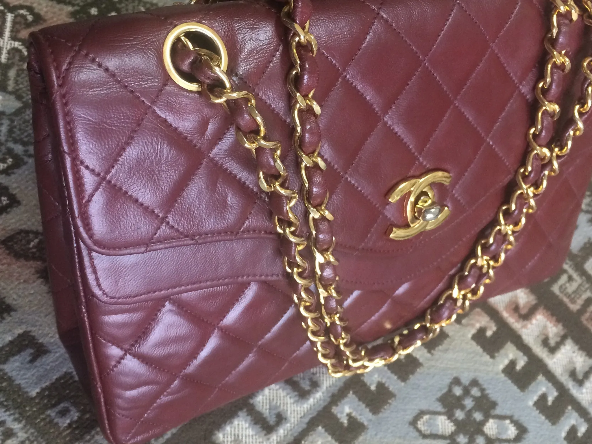 70's, 80's Vintage Chanel wine, bordeaux lambskin rare 2.55 double flap chain shoulder bag. One-of-a-kind bag back in the era.