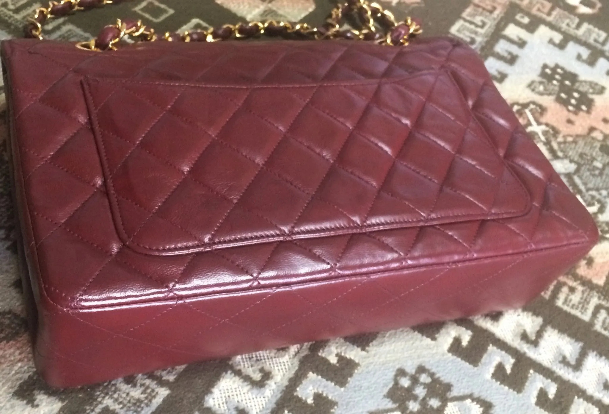 70's, 80's Vintage Chanel wine, bordeaux lambskin rare 2.55 double flap chain shoulder bag. One-of-a-kind bag back in the era.