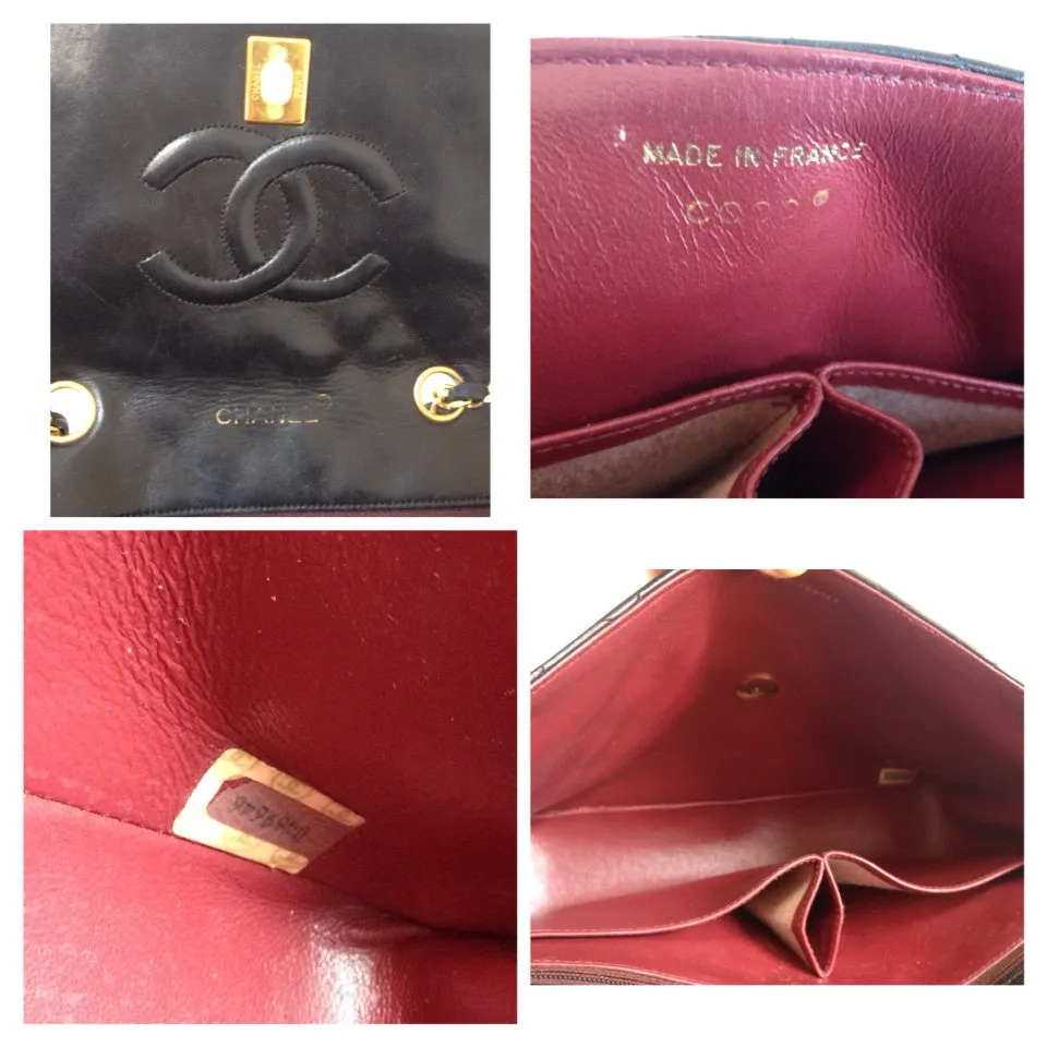 80's vintage CHANEL classic 2.55 black lambskin double chain shoulder bag with golden CC closure. Perfect daily use bag
