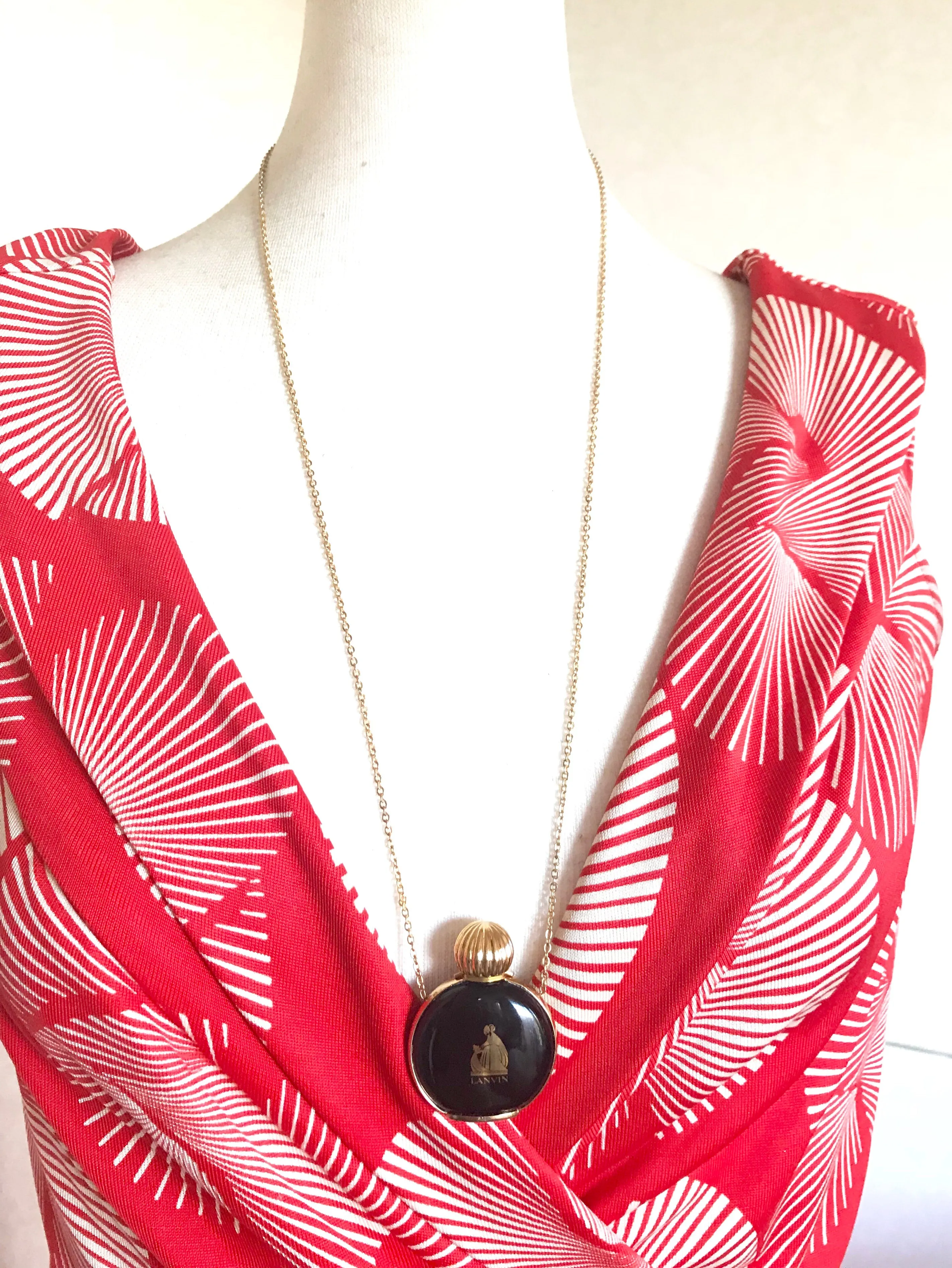 80’s vintage Lanvin golden chain long necklace with logo motif and black perfume bottle. Rare Lanvin vintage jewelry by Arpege. 060918yf