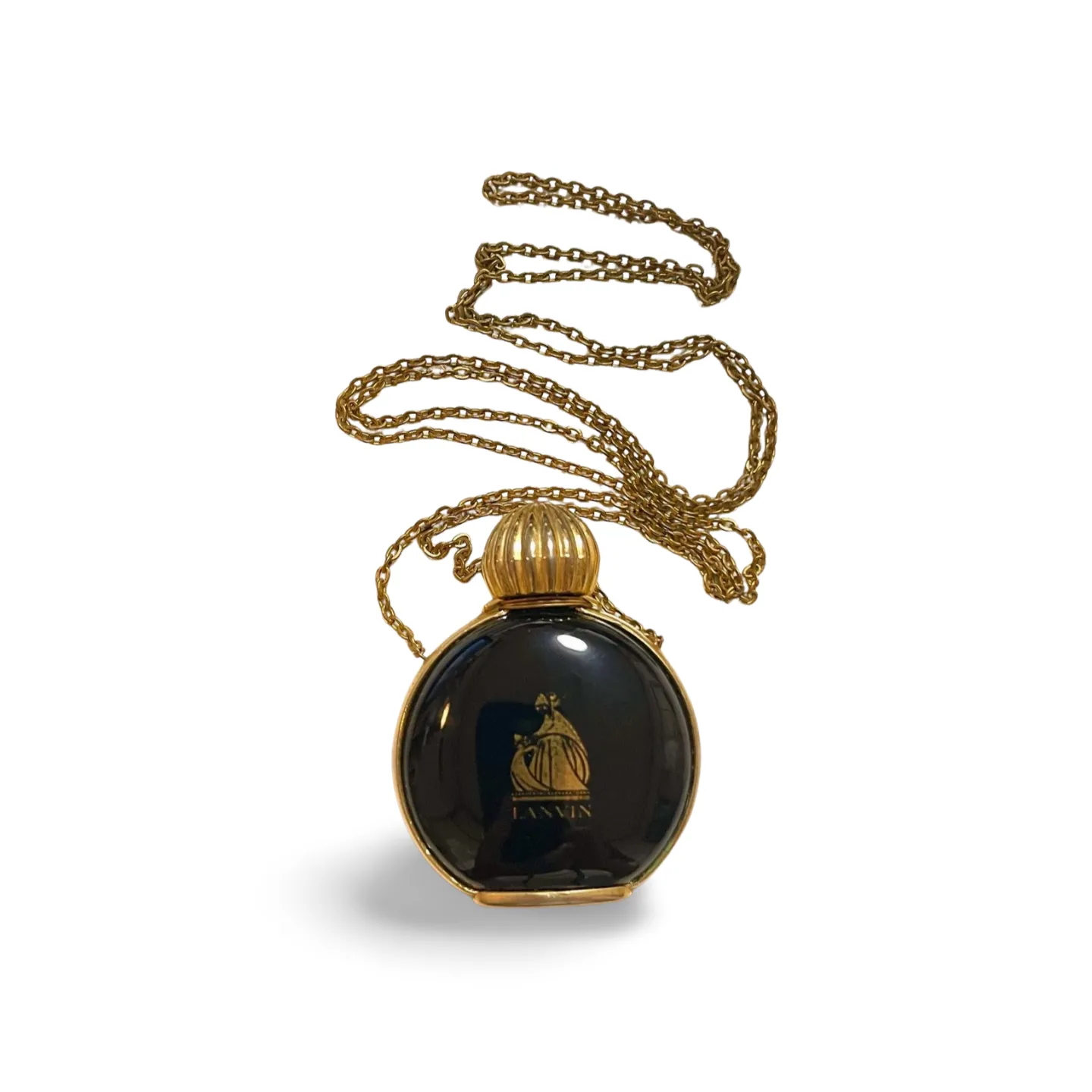 80’s vintage Lanvin golden chain long necklace with logo motif and black perfume bottle. Rare Lanvin vintage jewelry by Arpege. 060918yf