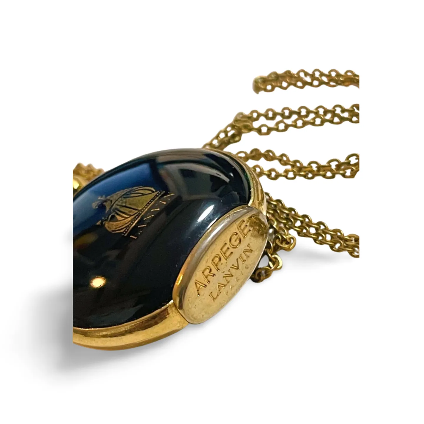 80’s vintage Lanvin golden chain long necklace with logo motif and black perfume bottle. Rare Lanvin vintage jewelry by Arpege. 060918yf