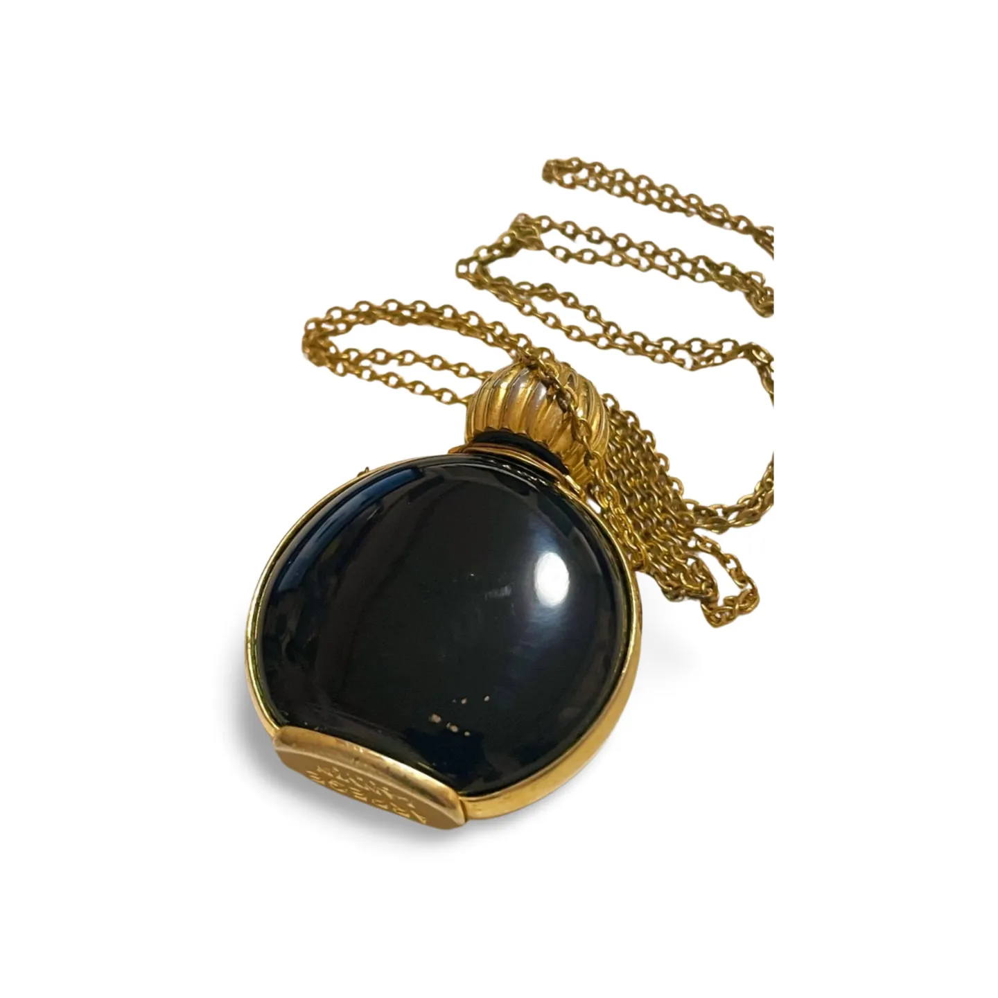 80’s vintage Lanvin golden chain long necklace with logo motif and black perfume bottle. Rare Lanvin vintage jewelry by Arpege. 060918yf