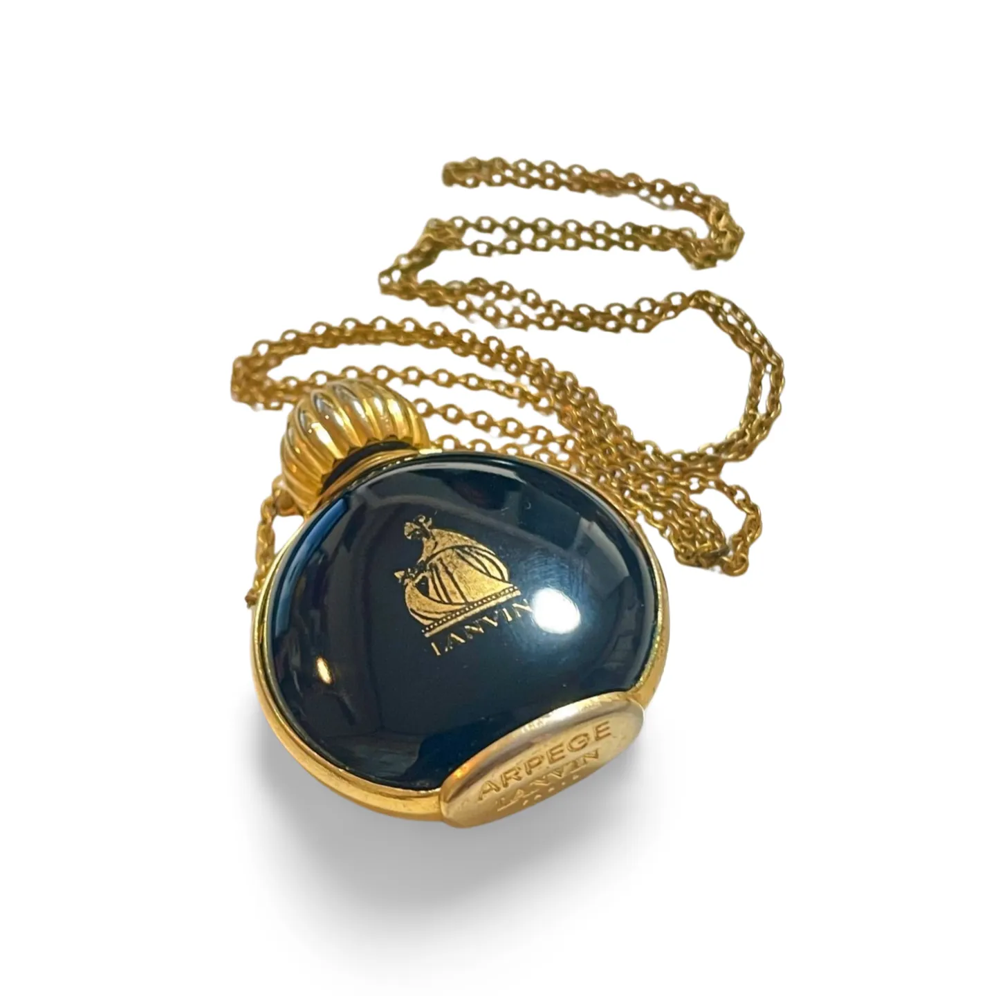 80’s vintage Lanvin golden chain long necklace with logo motif and black perfume bottle. Rare Lanvin vintage jewelry by Arpege. 060918yf