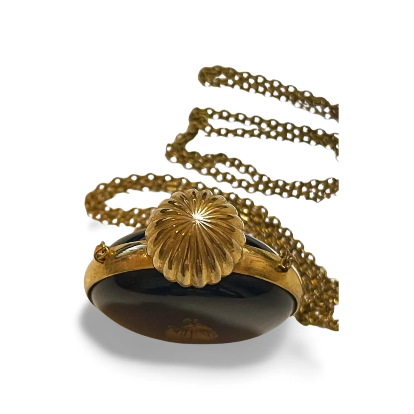 80’s vintage Lanvin golden chain long necklace with logo motif and black perfume bottle. Rare Lanvin vintage jewelry by Arpege. 060918yf
