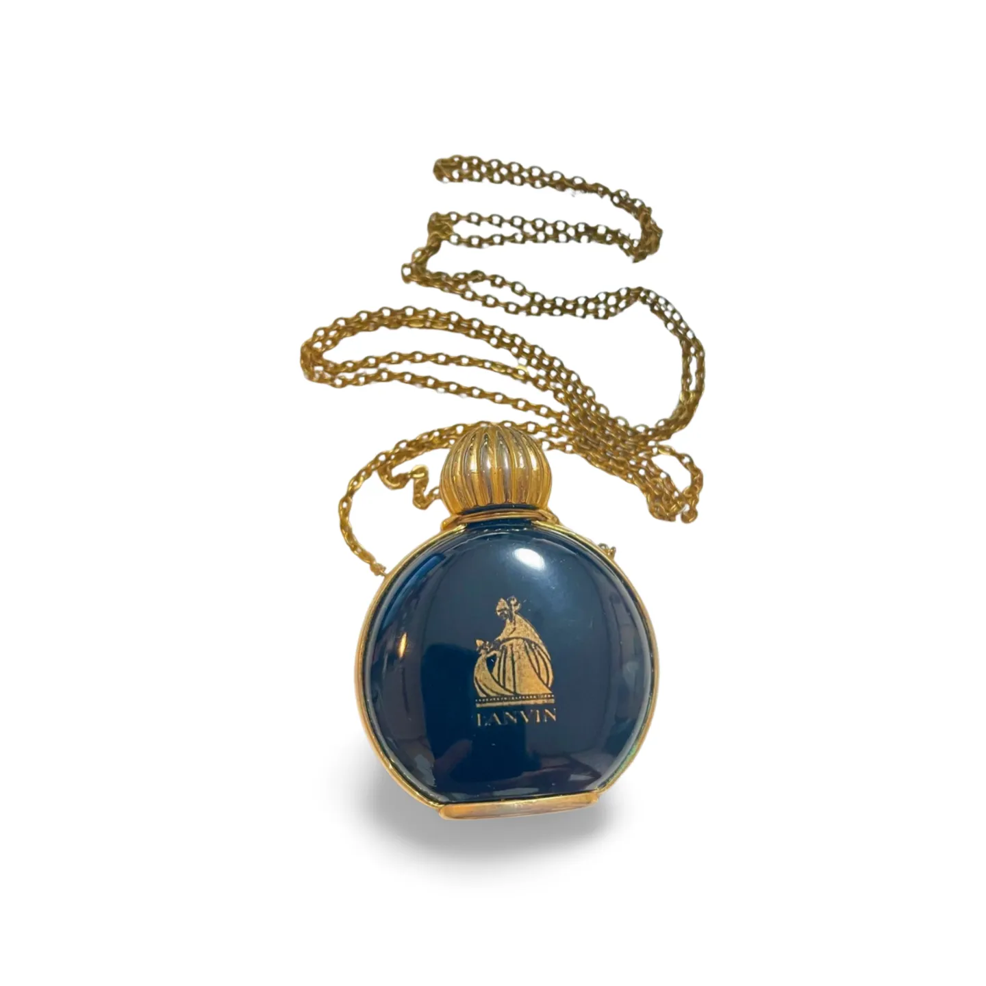 80’s vintage Lanvin golden chain long necklace with logo motif and black perfume bottle. Rare Lanvin vintage jewelry by Arpege. 060918yf
