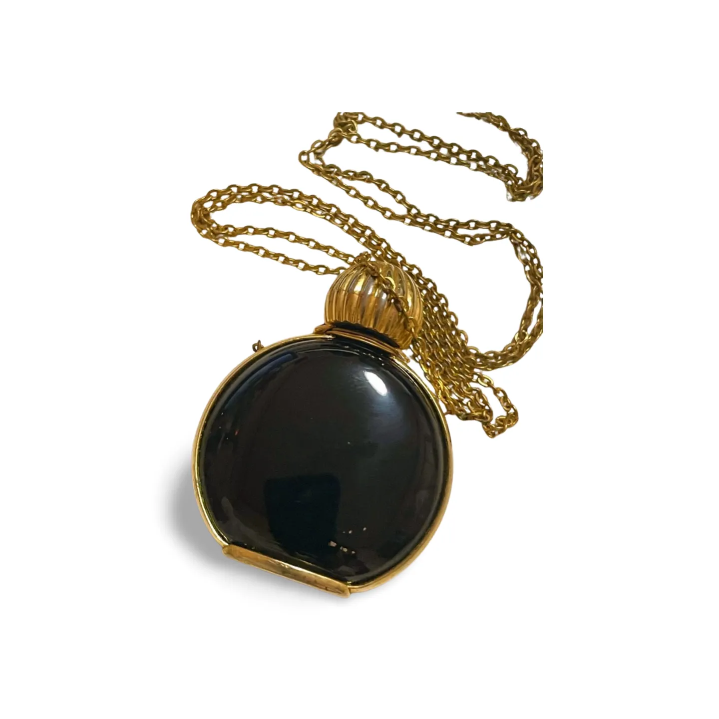 80’s vintage Lanvin golden chain long necklace with logo motif and black perfume bottle. Rare Lanvin vintage jewelry by Arpege. 060918yf
