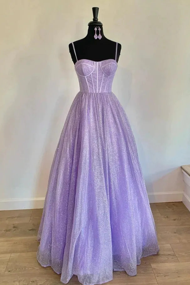 A Line Lilac Shiny Prom Dresses 2025 Spaghetti Straps Tulle Long Formal Dress