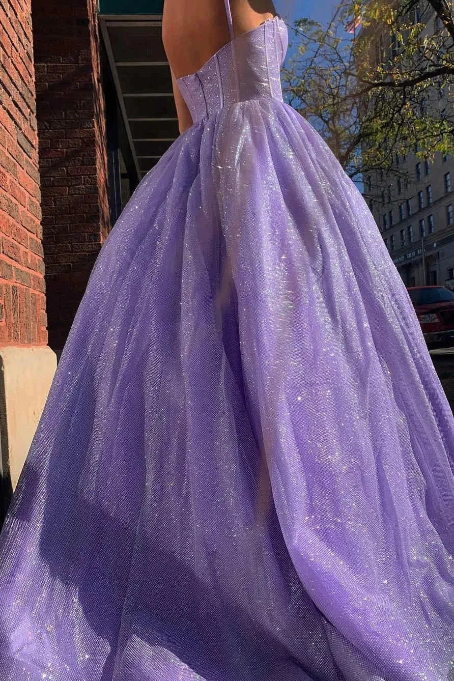 A Line Lilac Shiny Prom Dresses 2025 Spaghetti Straps Tulle Long Formal Dress