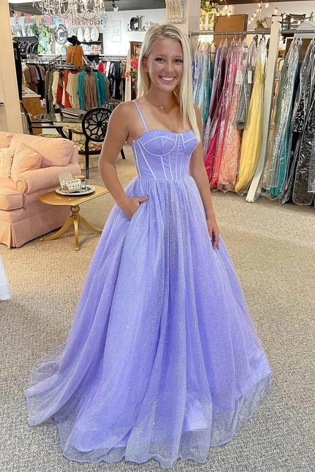 A Line Lilac Shiny Prom Dresses 2025 Spaghetti Straps Tulle Long Formal Dress