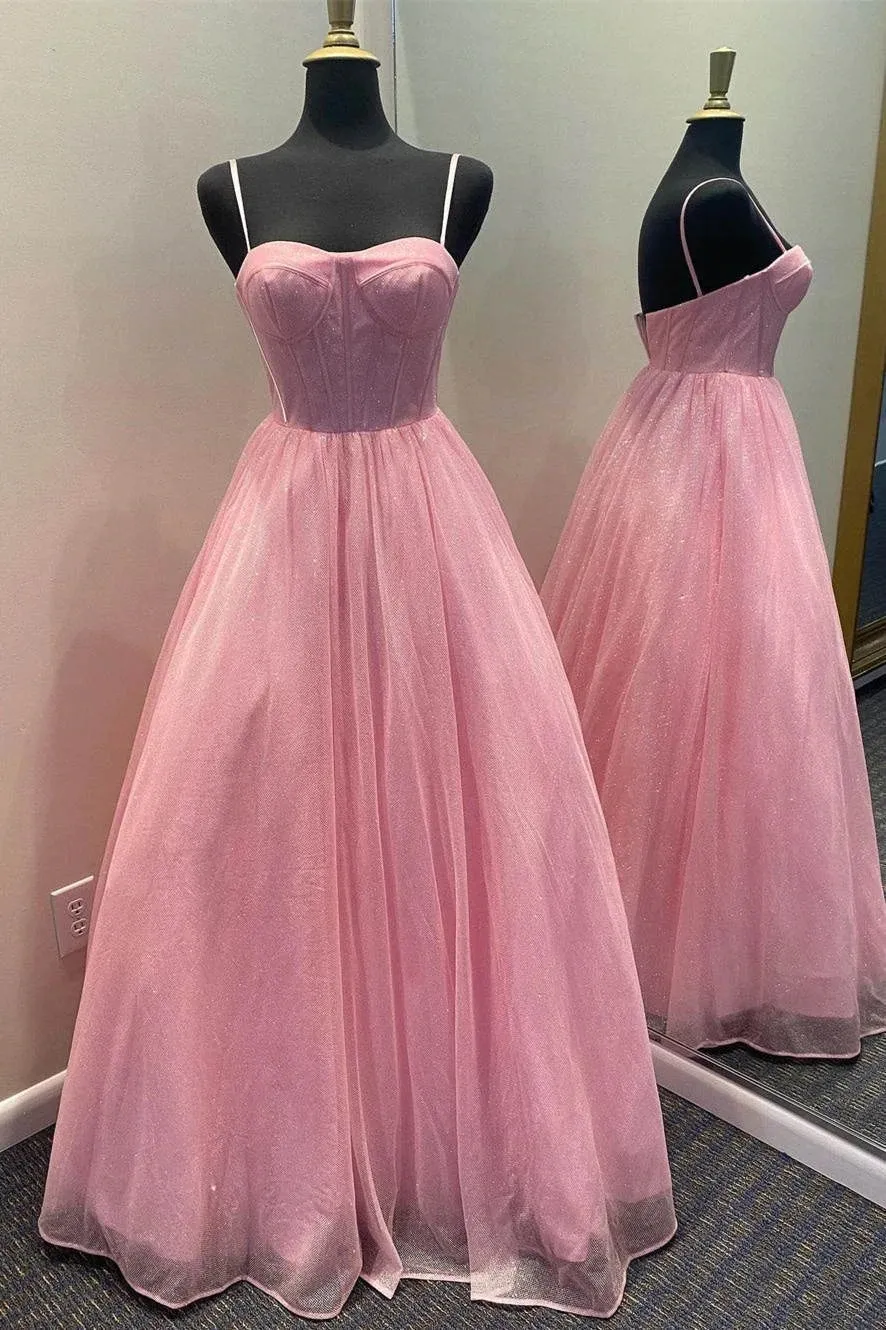 A Line Lilac Shiny Prom Dresses 2025 Spaghetti Straps Tulle Long Formal Dress