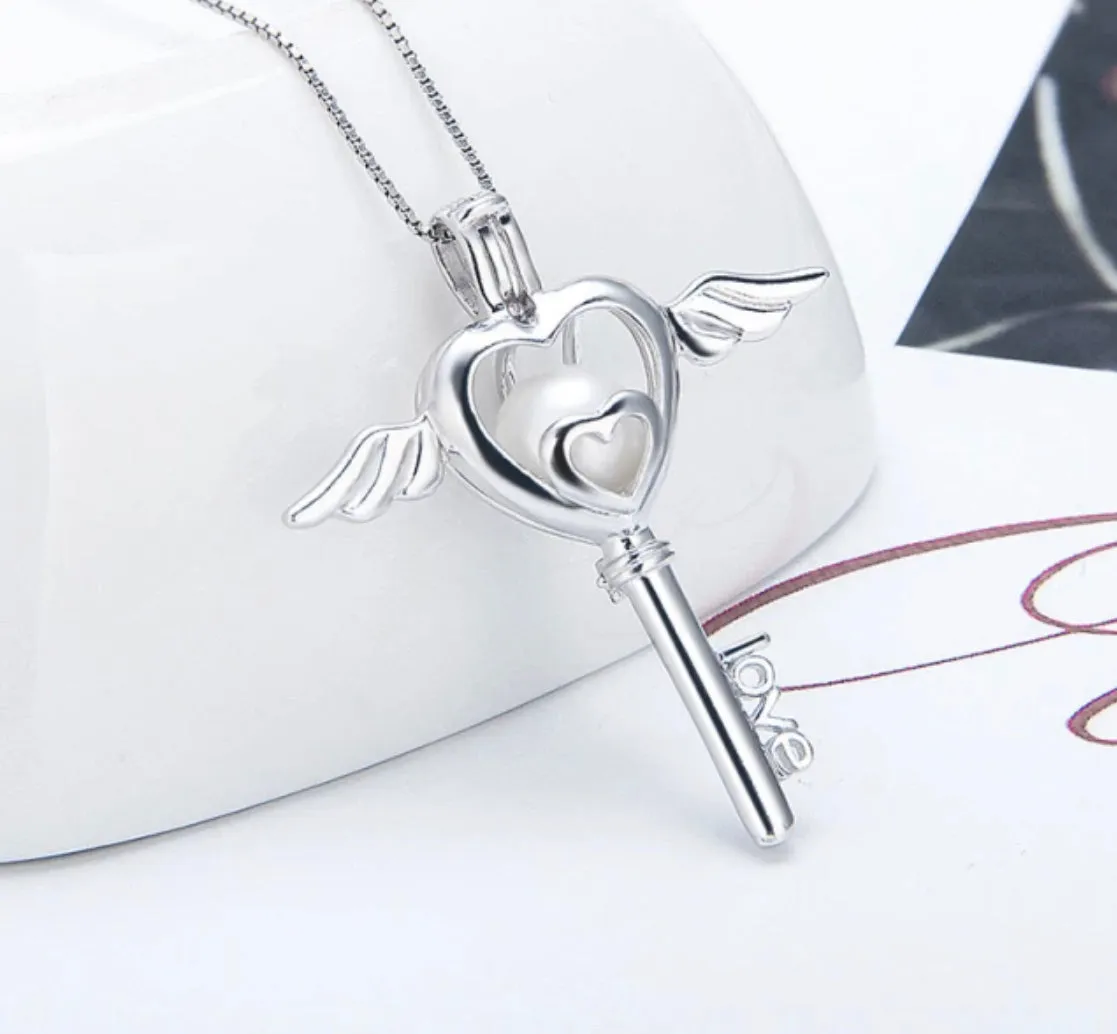 Angel Heart Key Sterling Silver Cage Necklace Set