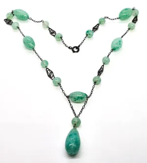 Art Deco green Czech glass beaded lavalier sterling silver antique stationary necklace