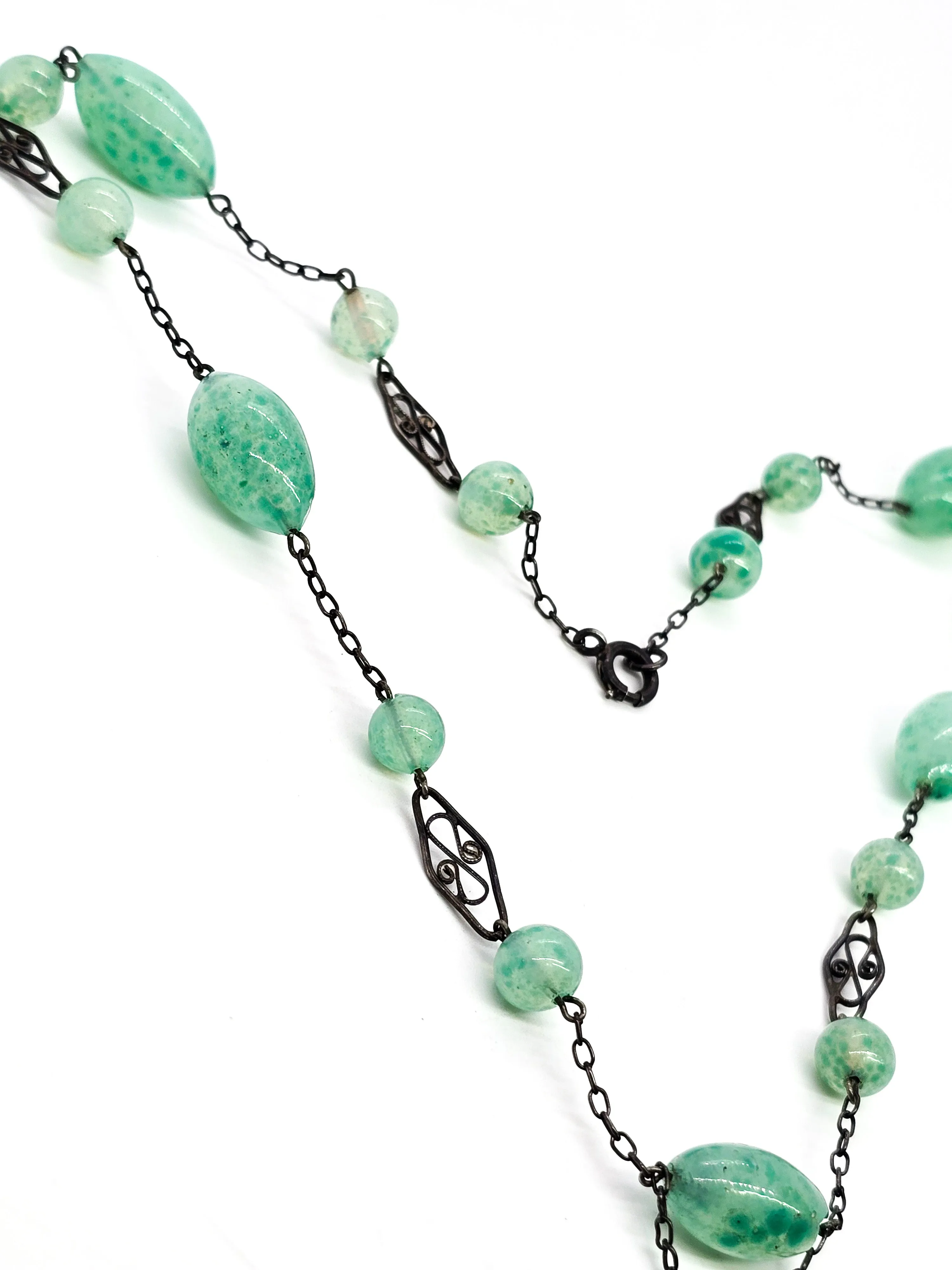 Art Deco green Czech glass beaded lavalier sterling silver antique stationary necklace
