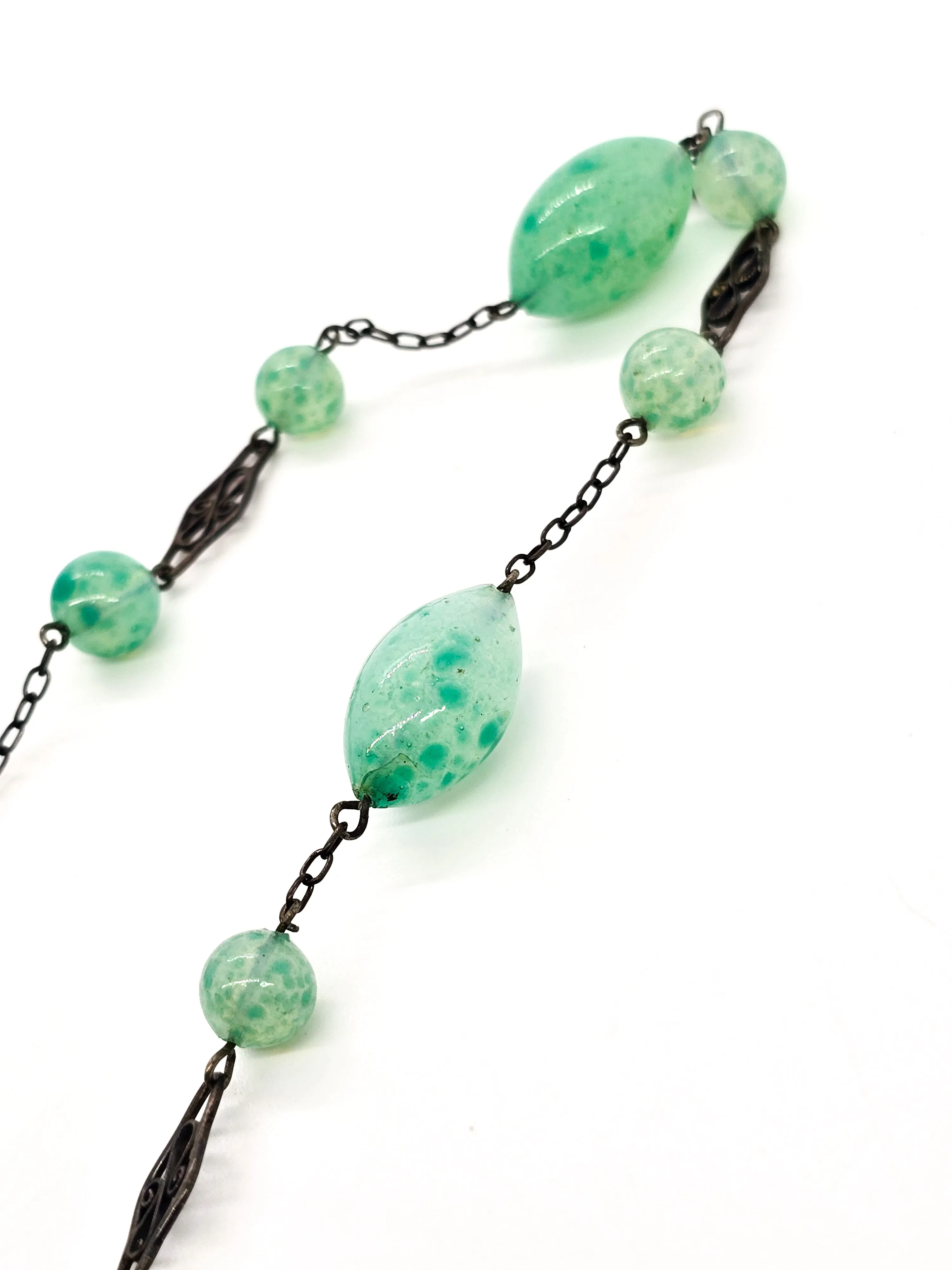 Art Deco green Czech glass beaded lavalier sterling silver antique stationary necklace