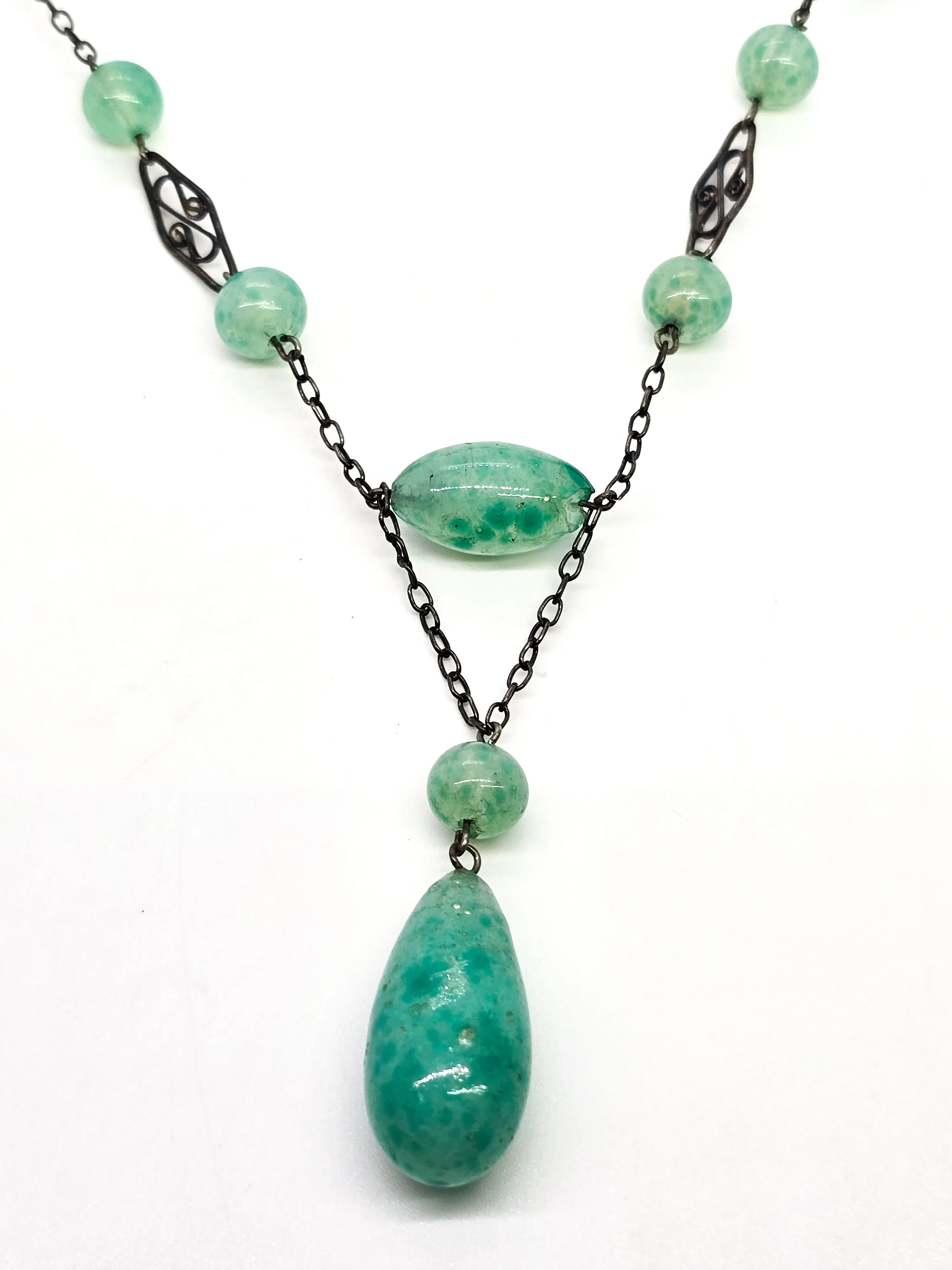 Art Deco green Czech glass beaded lavalier sterling silver antique stationary necklace