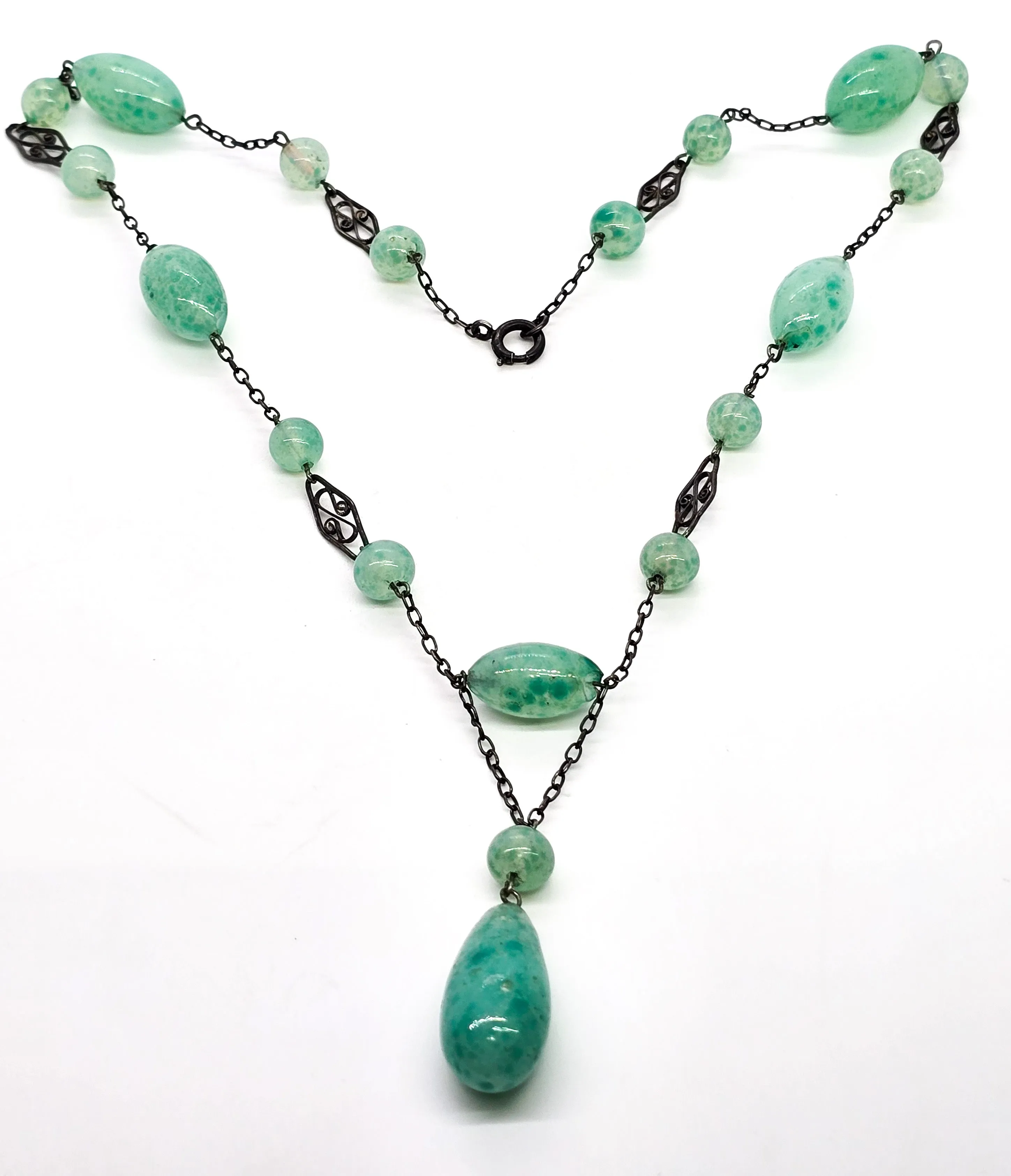 Art Deco green Czech glass beaded lavalier sterling silver antique stationary necklace