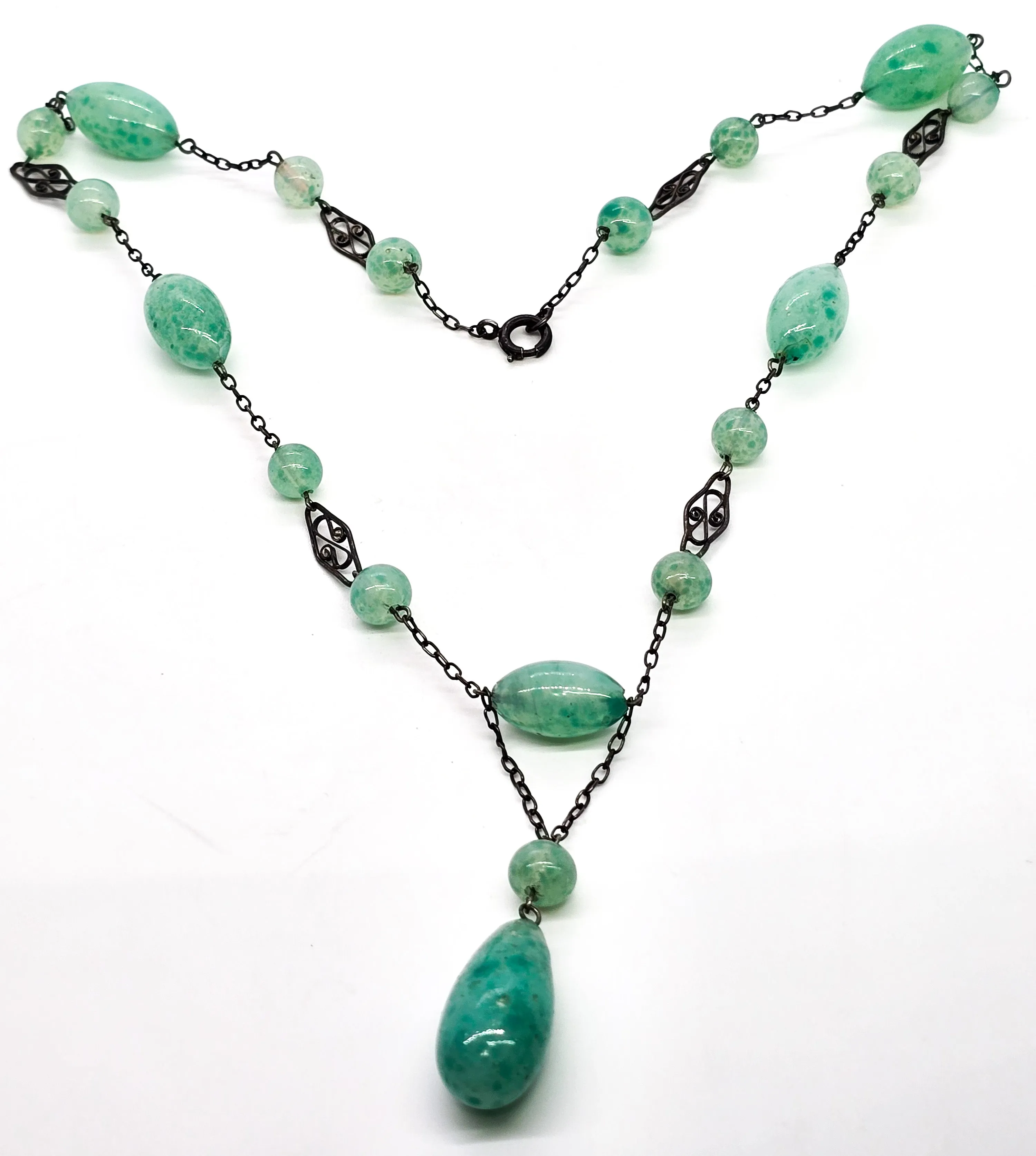 Art Deco green Czech glass beaded lavalier sterling silver antique stationary necklace