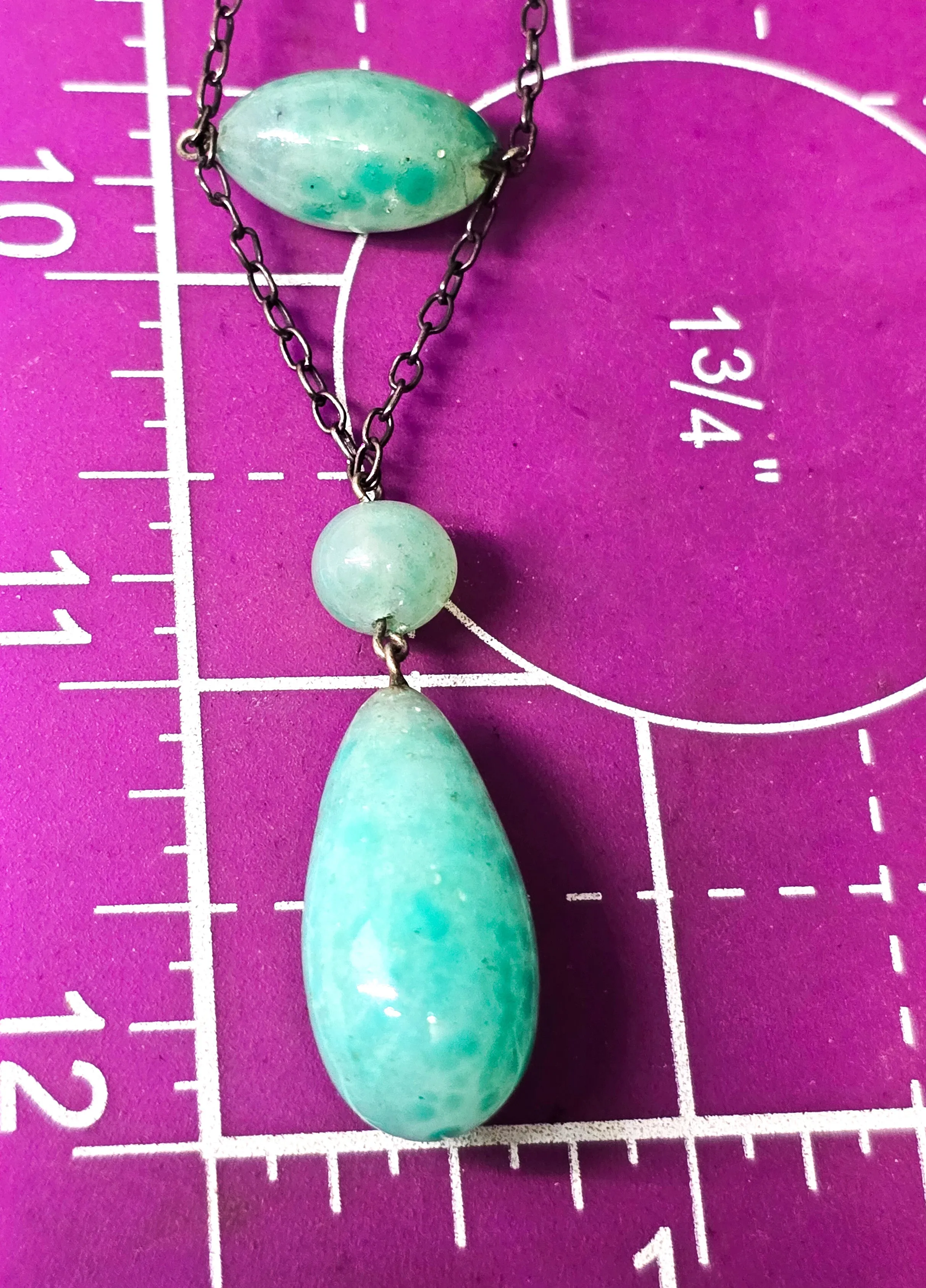 Art Deco green Czech glass beaded lavalier sterling silver antique stationary necklace