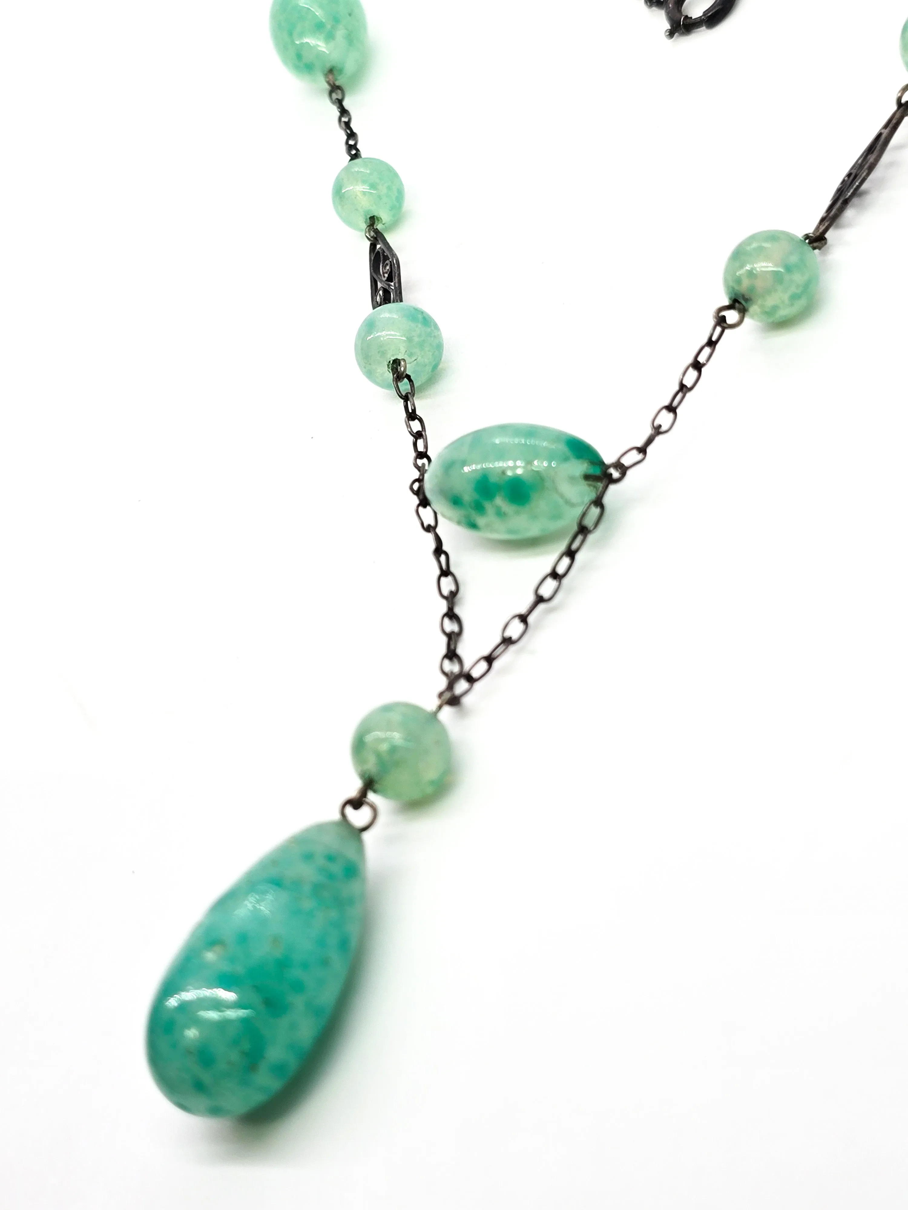 Art Deco green Czech glass beaded lavalier sterling silver antique stationary necklace