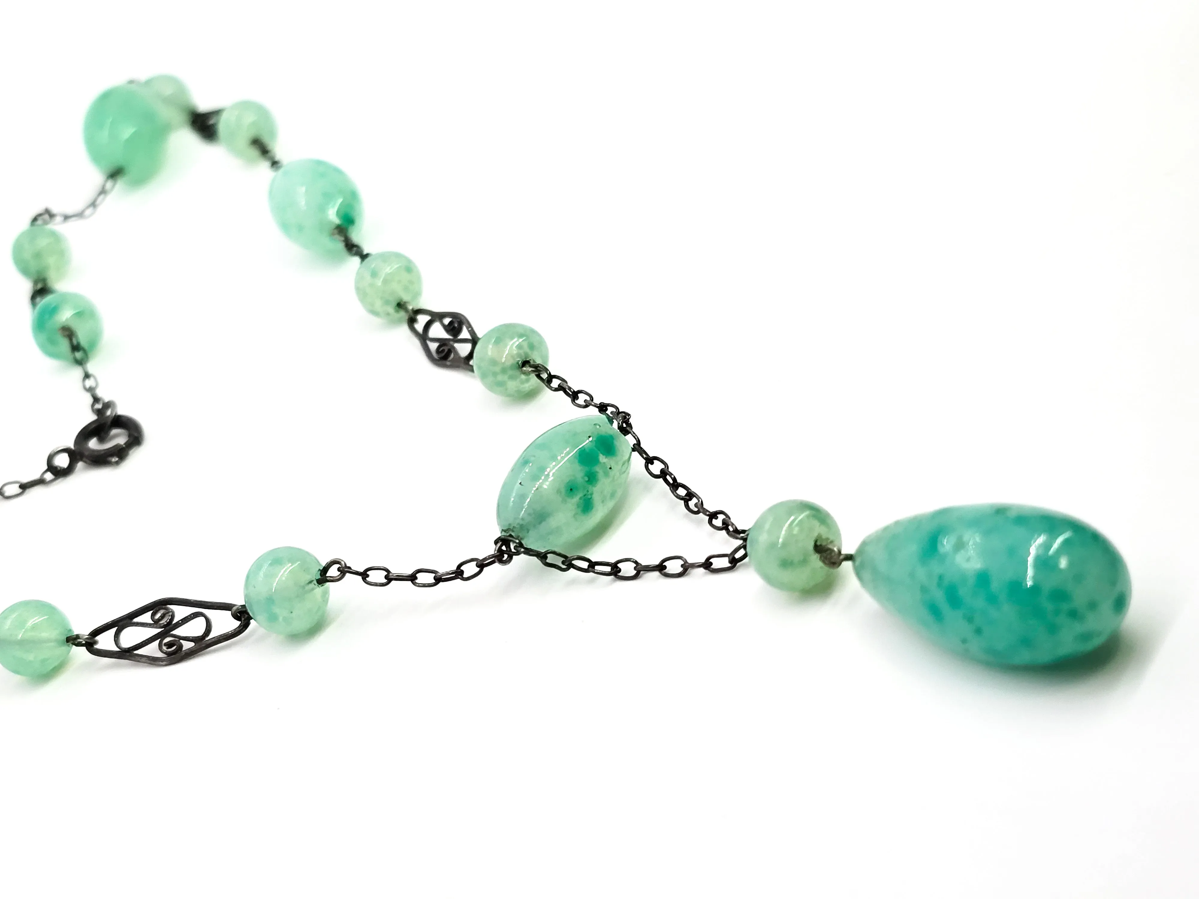 Art Deco green Czech glass beaded lavalier sterling silver antique stationary necklace