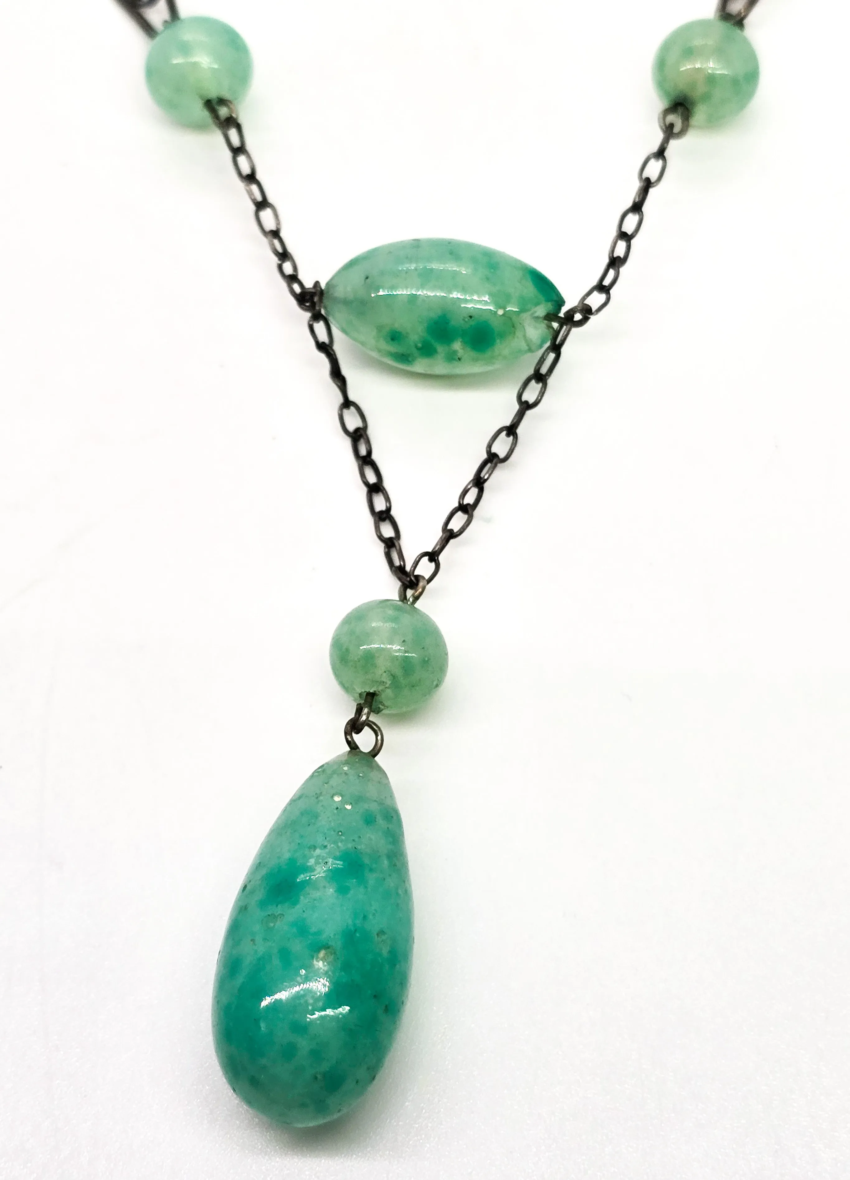 Art Deco green Czech glass beaded lavalier sterling silver antique stationary necklace
