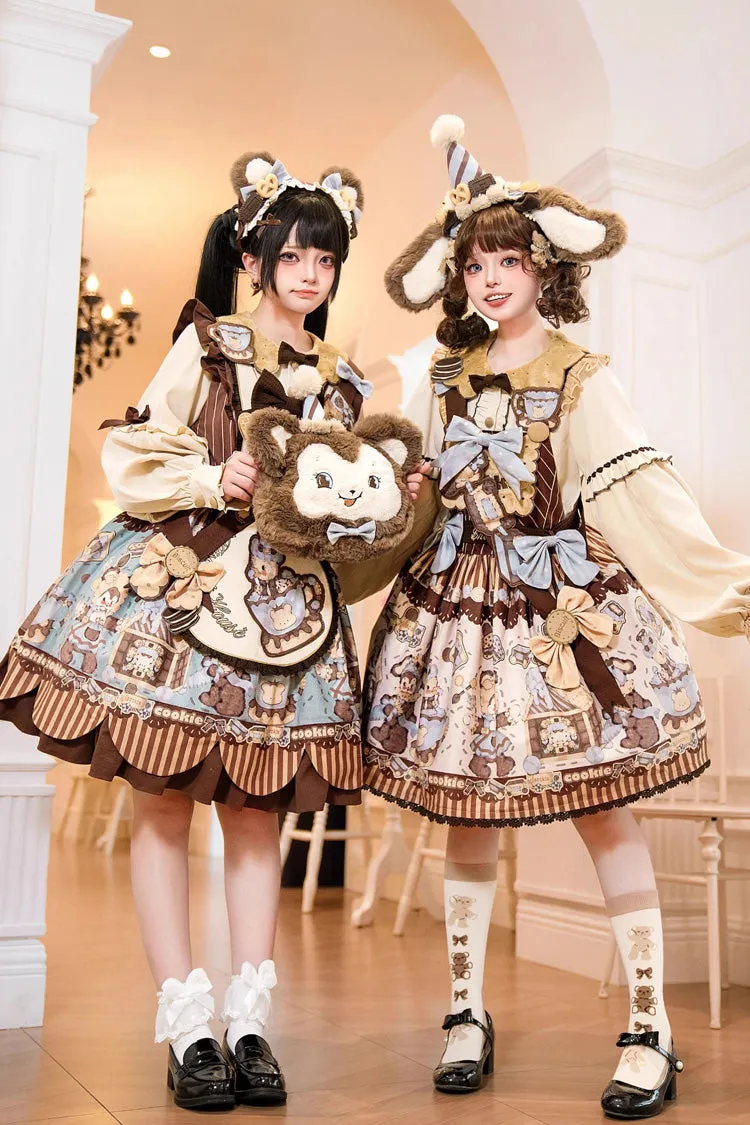 [Bear Cookies] Print Long Sleeves Ruffle Bowknot Sweet Lolita OP Dress 2 Colors