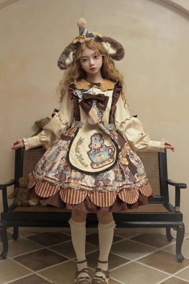 [Bear Cookies] Print Long Sleeves Ruffle Bowknot Sweet Lolita OP Dress 2 Colors