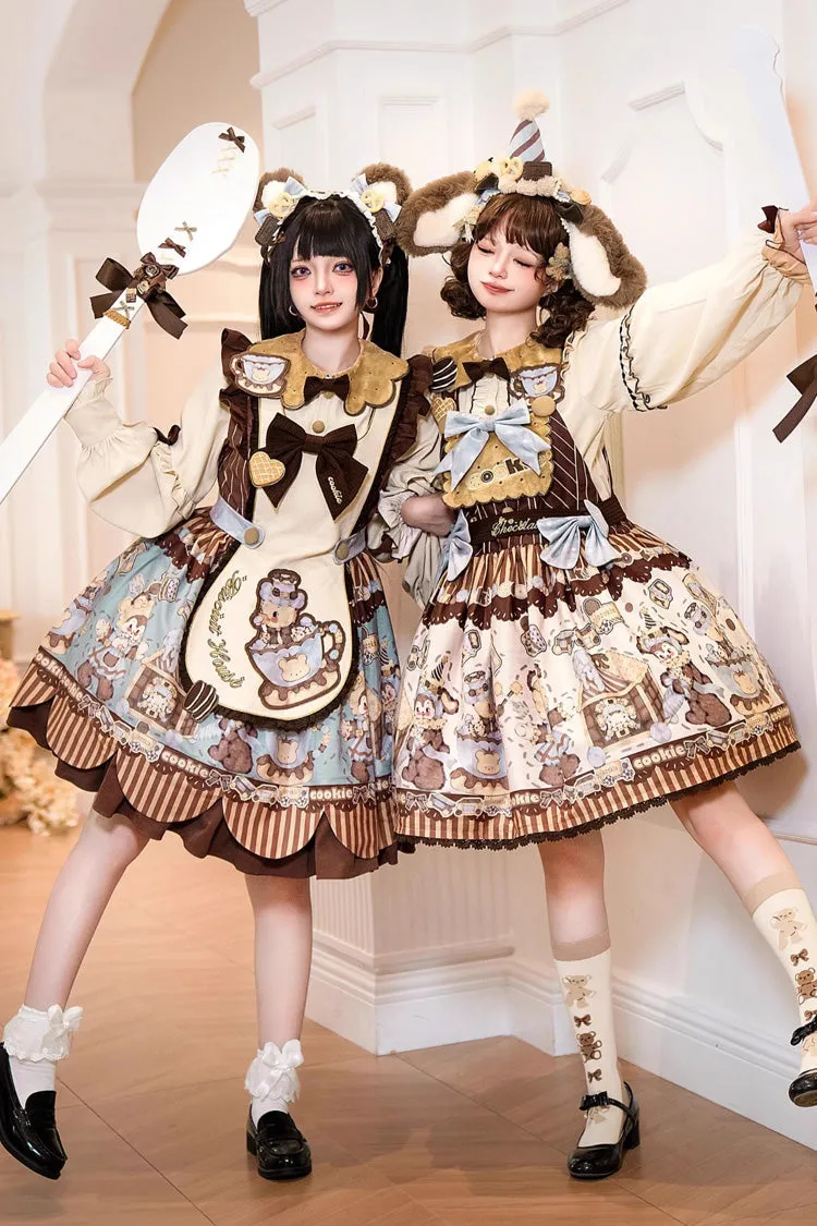 [Bear Cookies] Print Long Sleeves Ruffle Bowknot Sweet Lolita OP Dress 2 Colors