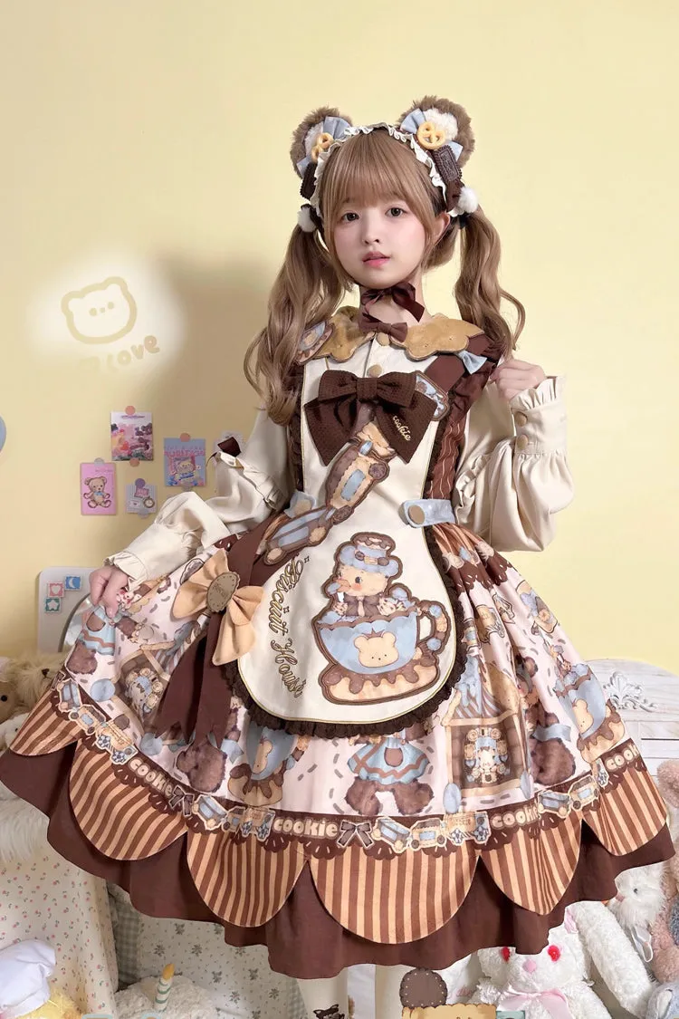 [Bear Cookies] Print Long Sleeves Ruffle Bowknot Sweet Lolita OP Dress 2 Colors