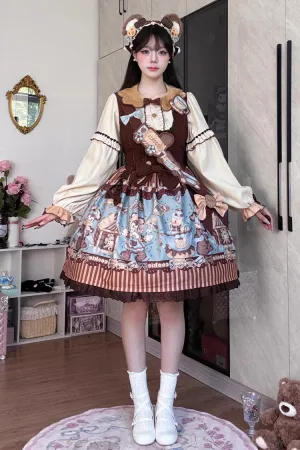 [Bear Cookies] Print Ruffle Bowknot Sweet Lolita JSK Dress 2 Colors