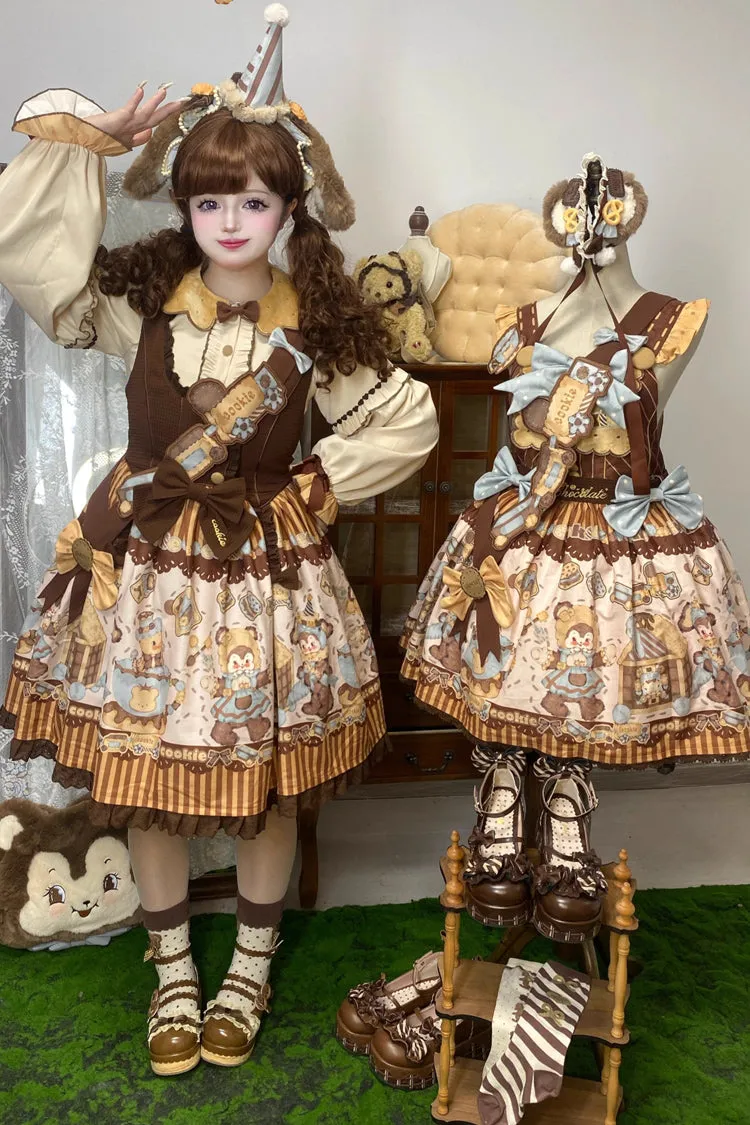[Bear Cookies] Print Ruffle Bowknot Sweet Lolita JSK Dress 2 Colors