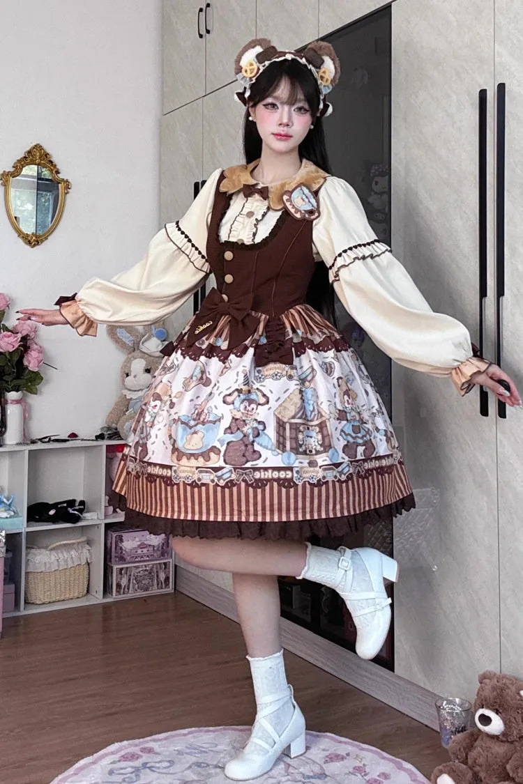 [Bear Cookies] Print Ruffle Bowknot Sweet Lolita JSK Dress 2 Colors
