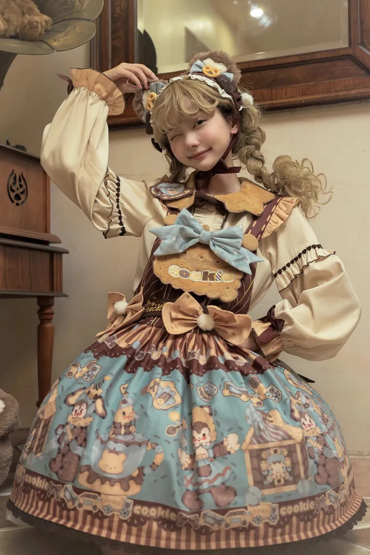 [Bear Cookies] Print Ruffle Bowknot Sweet Lolita Strap Dress 2 Colors