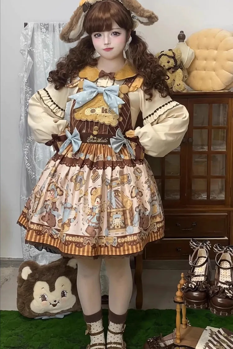 [Bear Cookies] Print Ruffle Bowknot Sweet Lolita Strap Dress 2 Colors