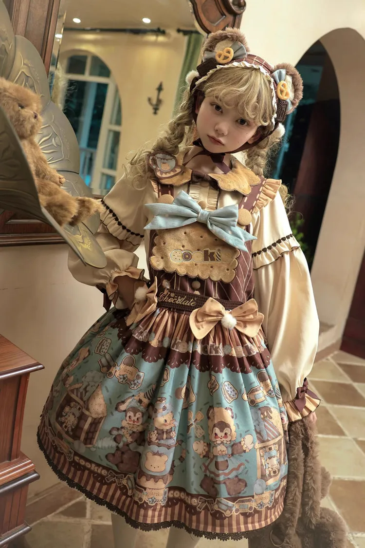 [Bear Cookies] Print Ruffle Bowknot Sweet Lolita Strap Dress 2 Colors