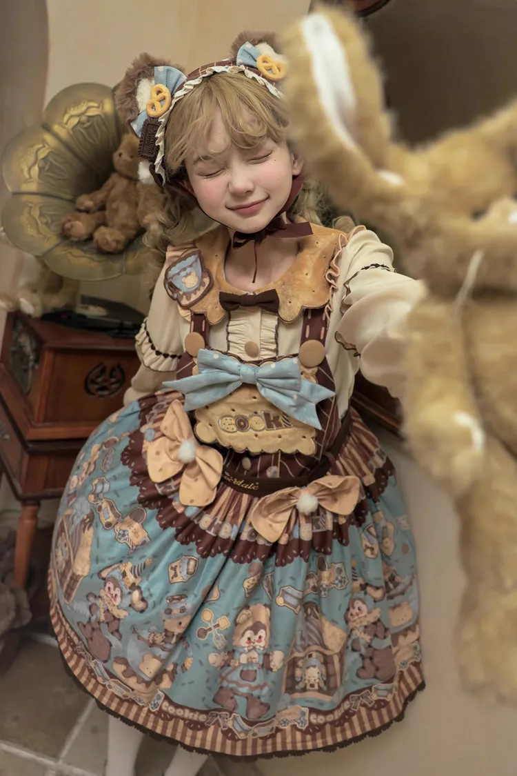 [Bear Cookies] Print Ruffle Bowknot Sweet Lolita Strap Dress 2 Colors