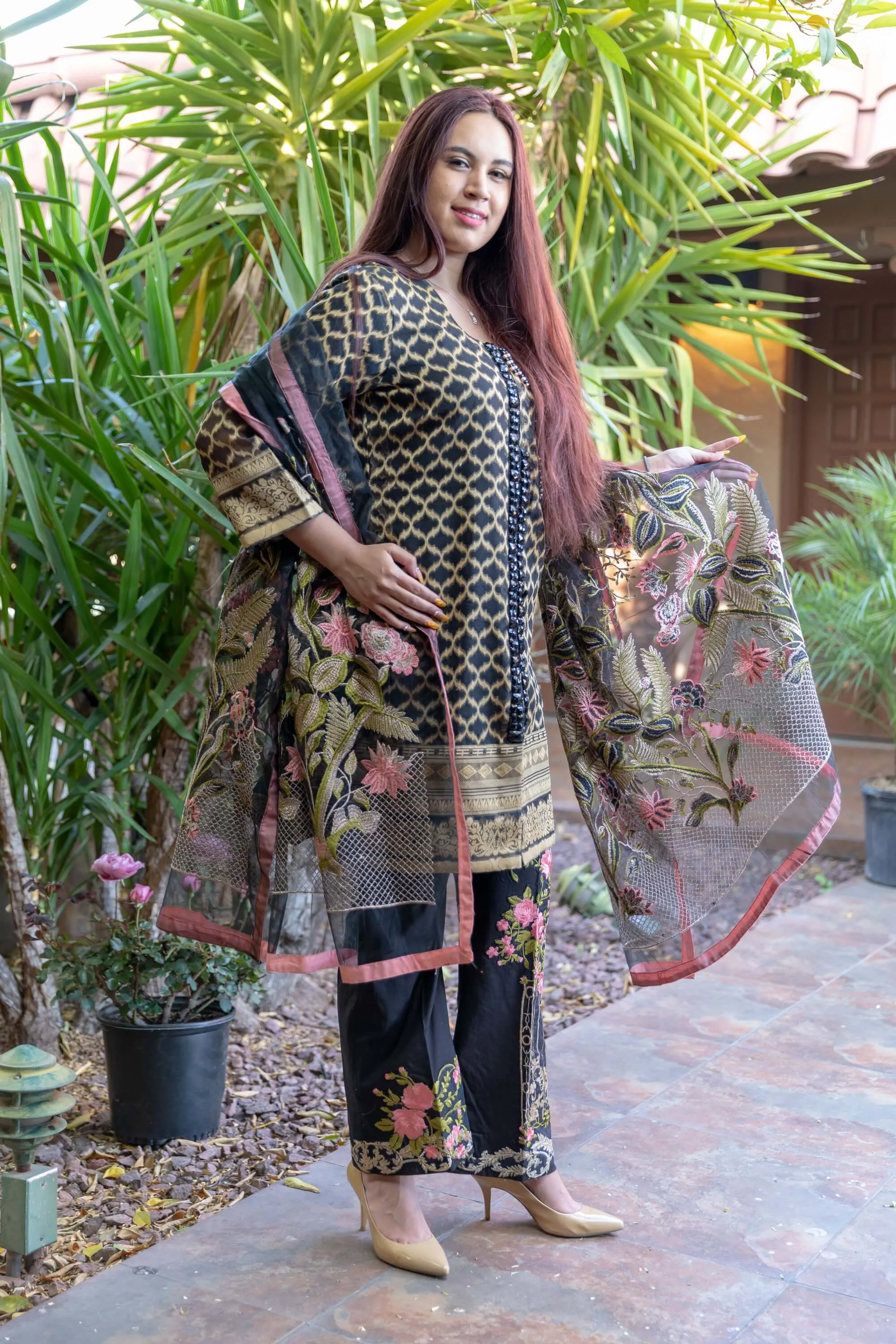 Black Organza Suit With Embroidery and Golden Brocade