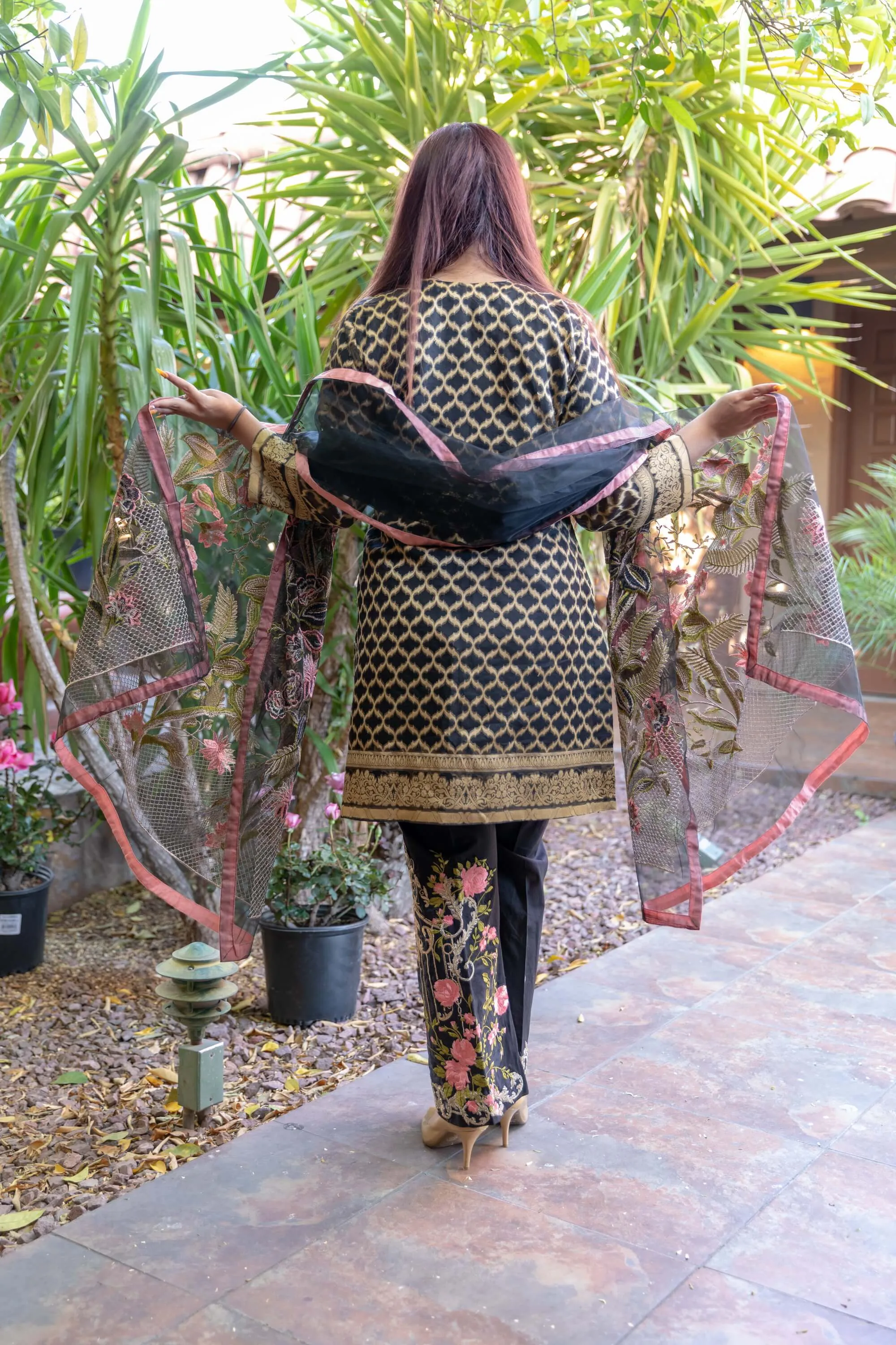 Black Organza Suit With Embroidery and Golden Brocade