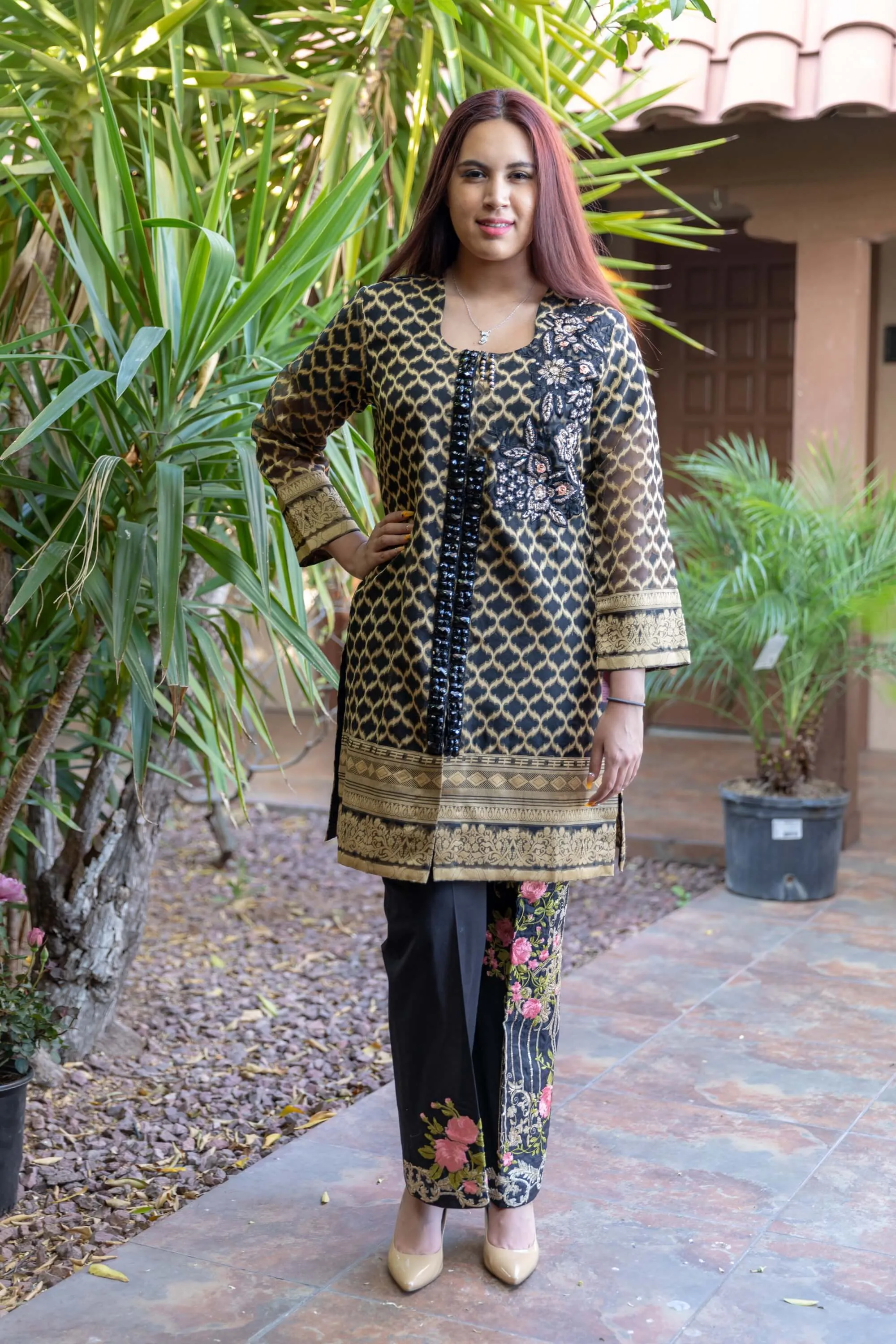 Black Organza Suit With Embroidery and Golden Brocade