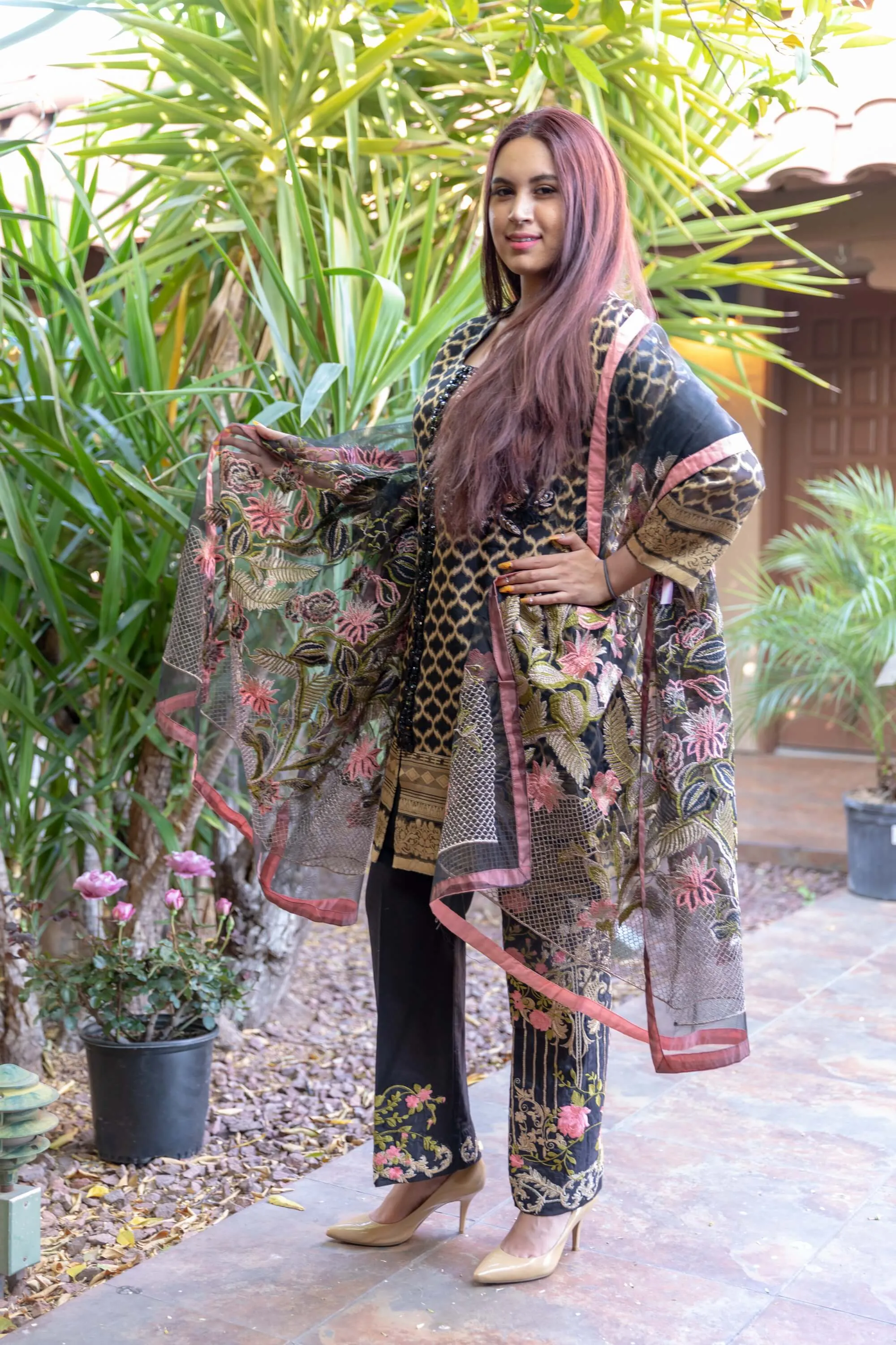 Black Organza Suit With Embroidery and Golden Brocade