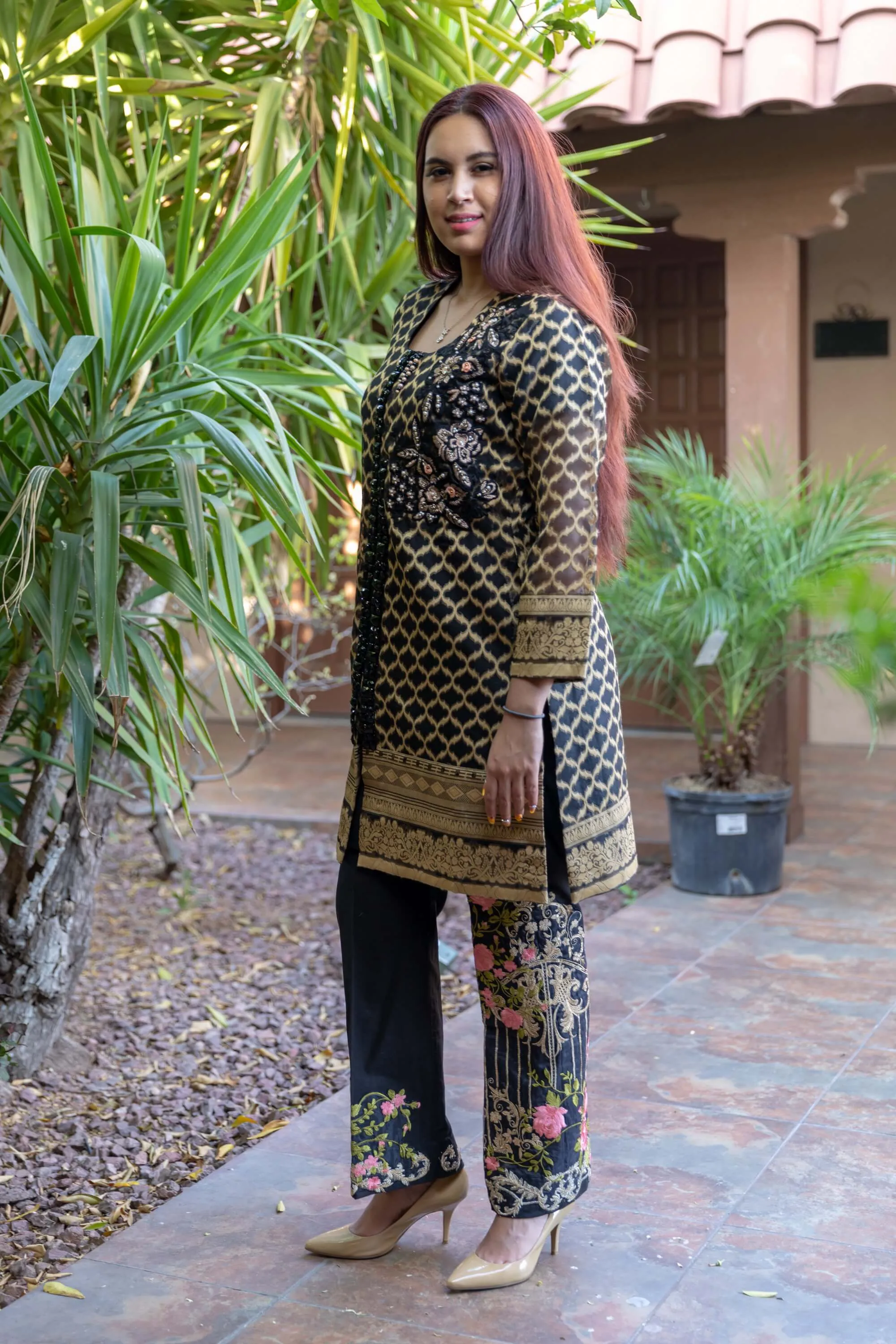 Black Organza Suit With Embroidery and Golden Brocade