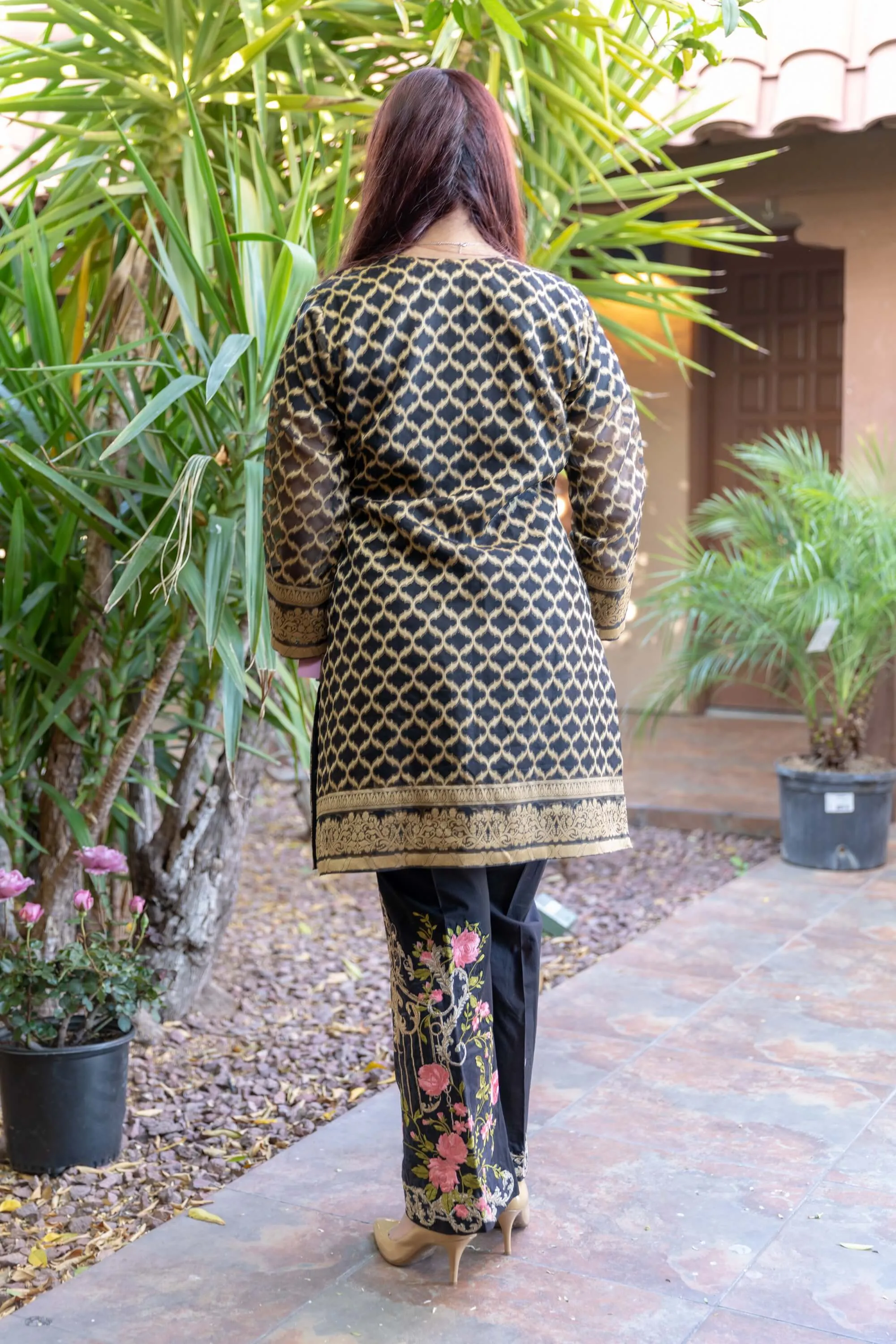 Black Organza Suit With Embroidery and Golden Brocade