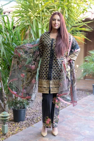 Black Organza Suit With Embroidery and Golden Brocade