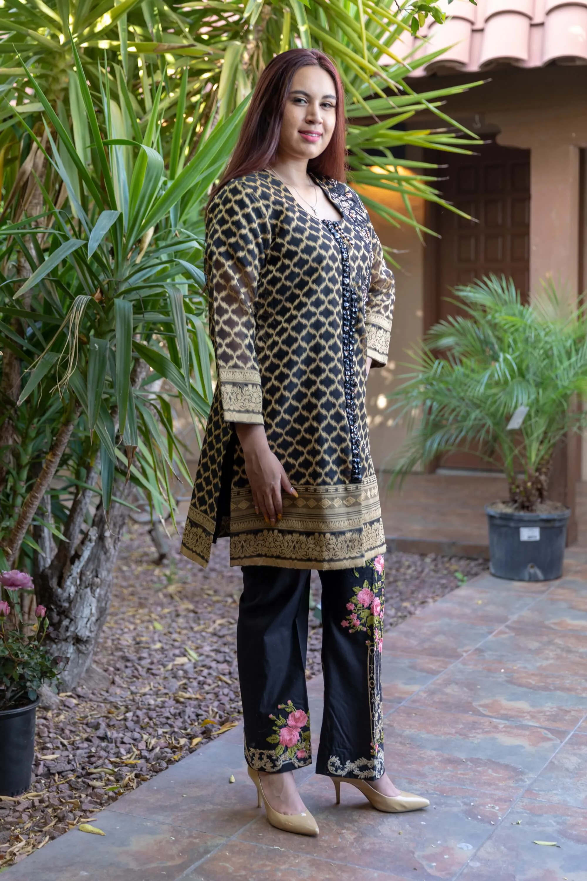 Black Organza Suit With Embroidery and Golden Brocade
