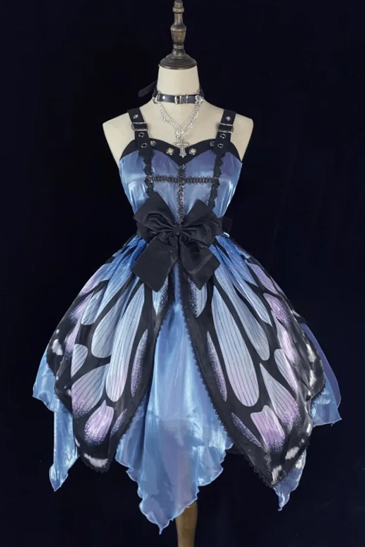 Black/Blue Butterfly Effect Sleeveless Print Bowknot Version Gothic Punk Lolita Dress