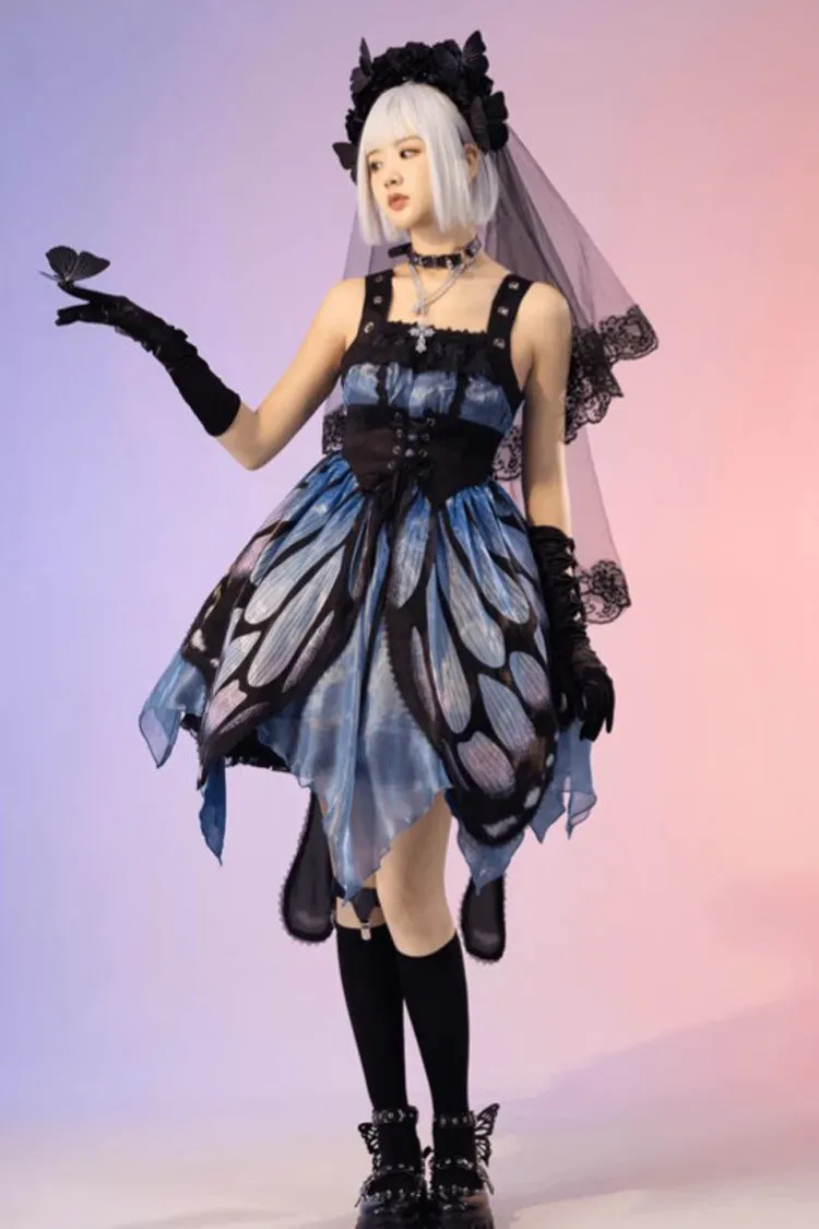 Black/Blue Butterfly Effect Sleeveless Print Girdle Version Gothic Punk Lolita Dress