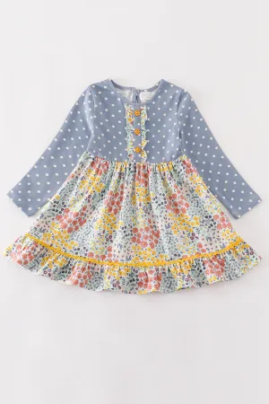 Blue Floral Print Dot Dress
