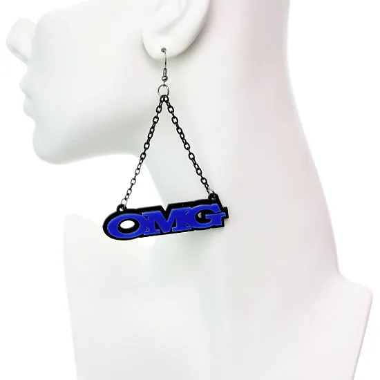 Blue OMG Triangle Drop Chain Earrings
