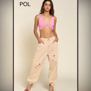 BPB12⭐️POL olayful tan distressed joggers w/elastic waist perfect 4 weekend fun!